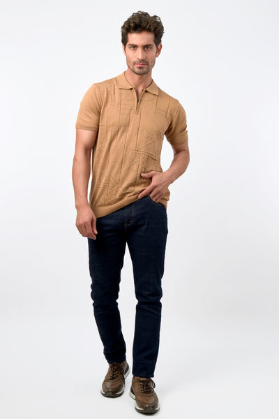 Jacquard Knitted Brown Cotton Polo