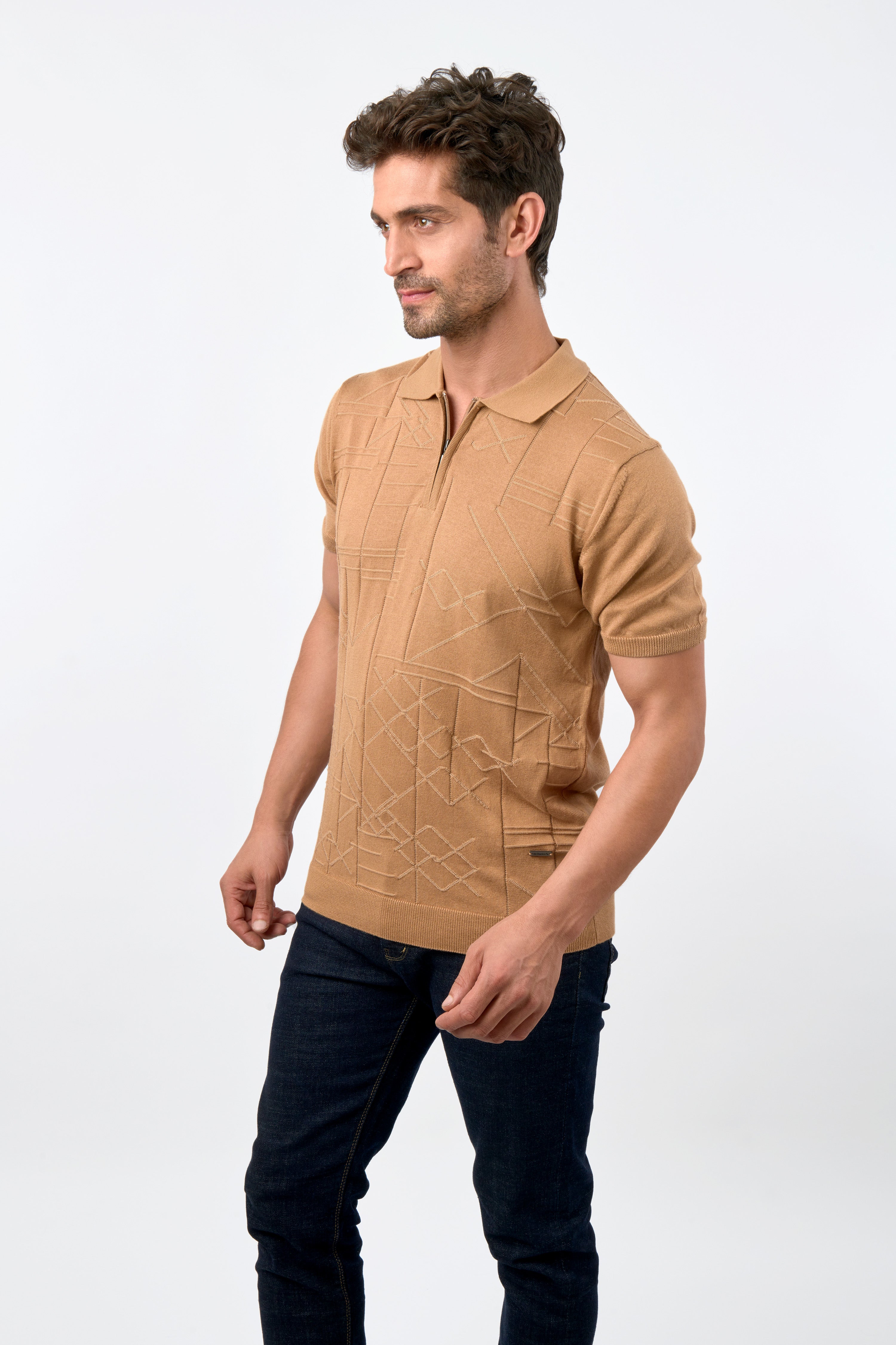 Jacquard Knitted Brown Cotton Polo