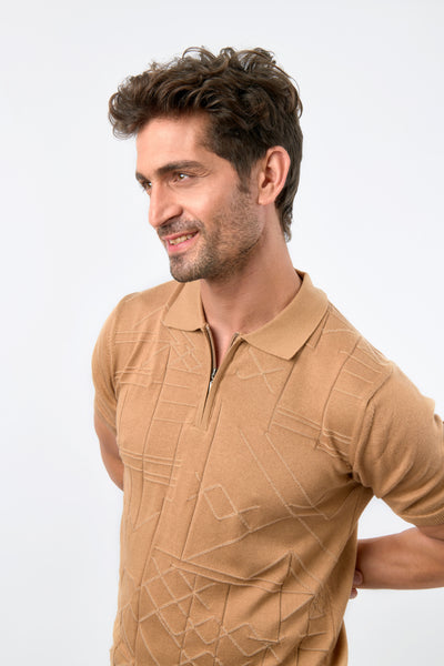 Jacquard Knitted Brown Cotton Polo