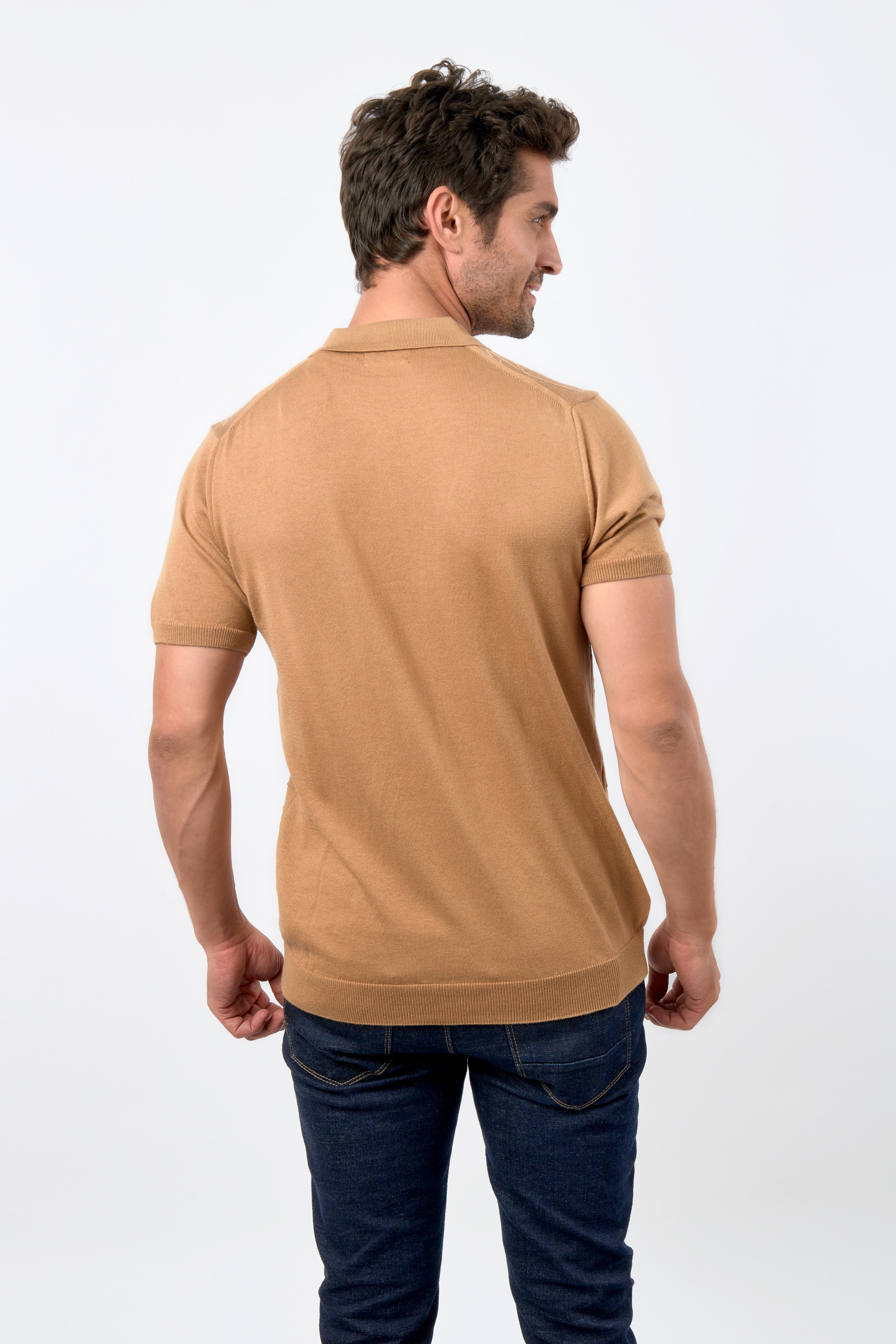 Jacquard Knitted Brown Cotton Polo