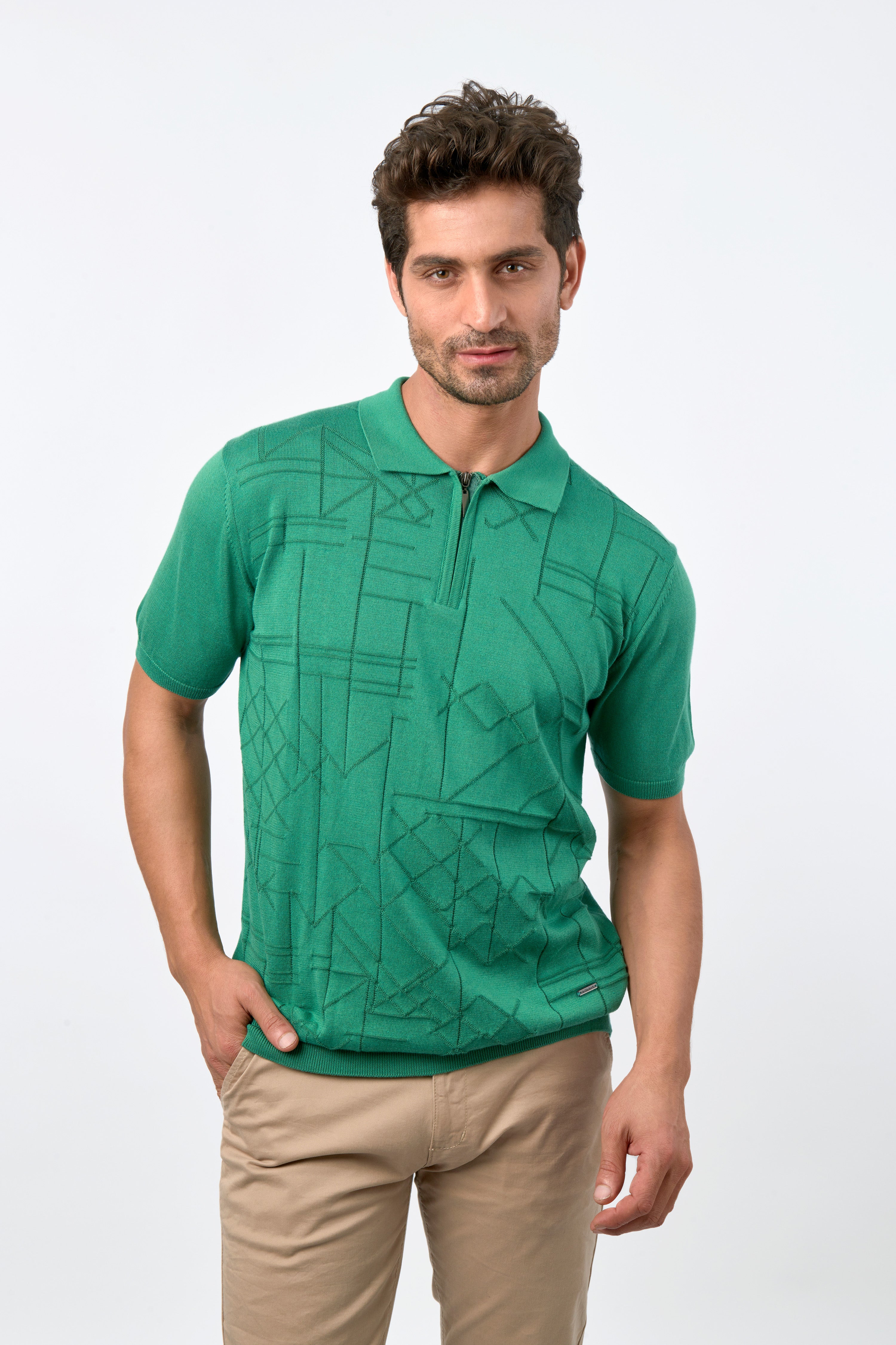 Jacquard Knitted Viridian Cotton Polo