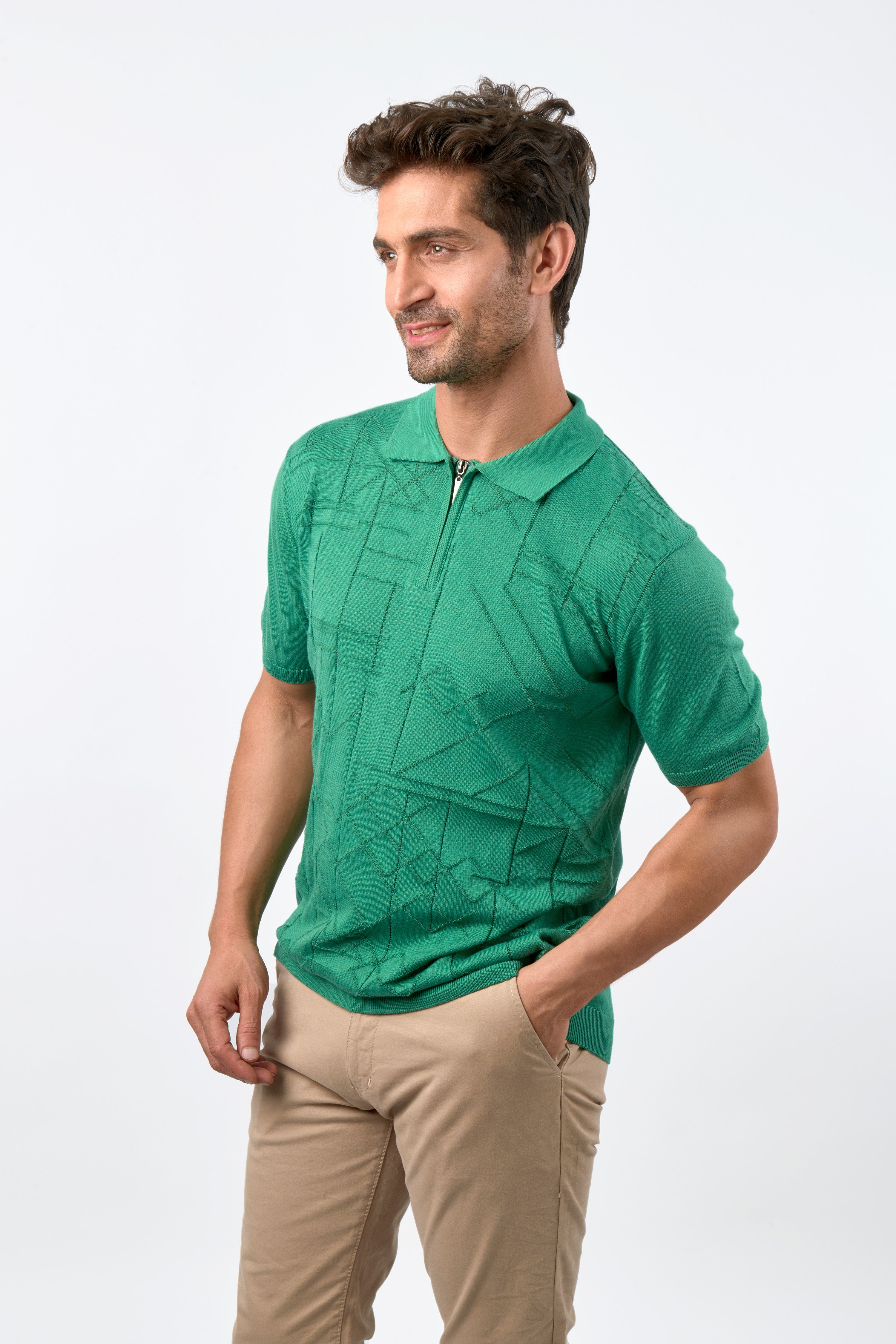 Jacquard Knitted Viridian Cotton Polo