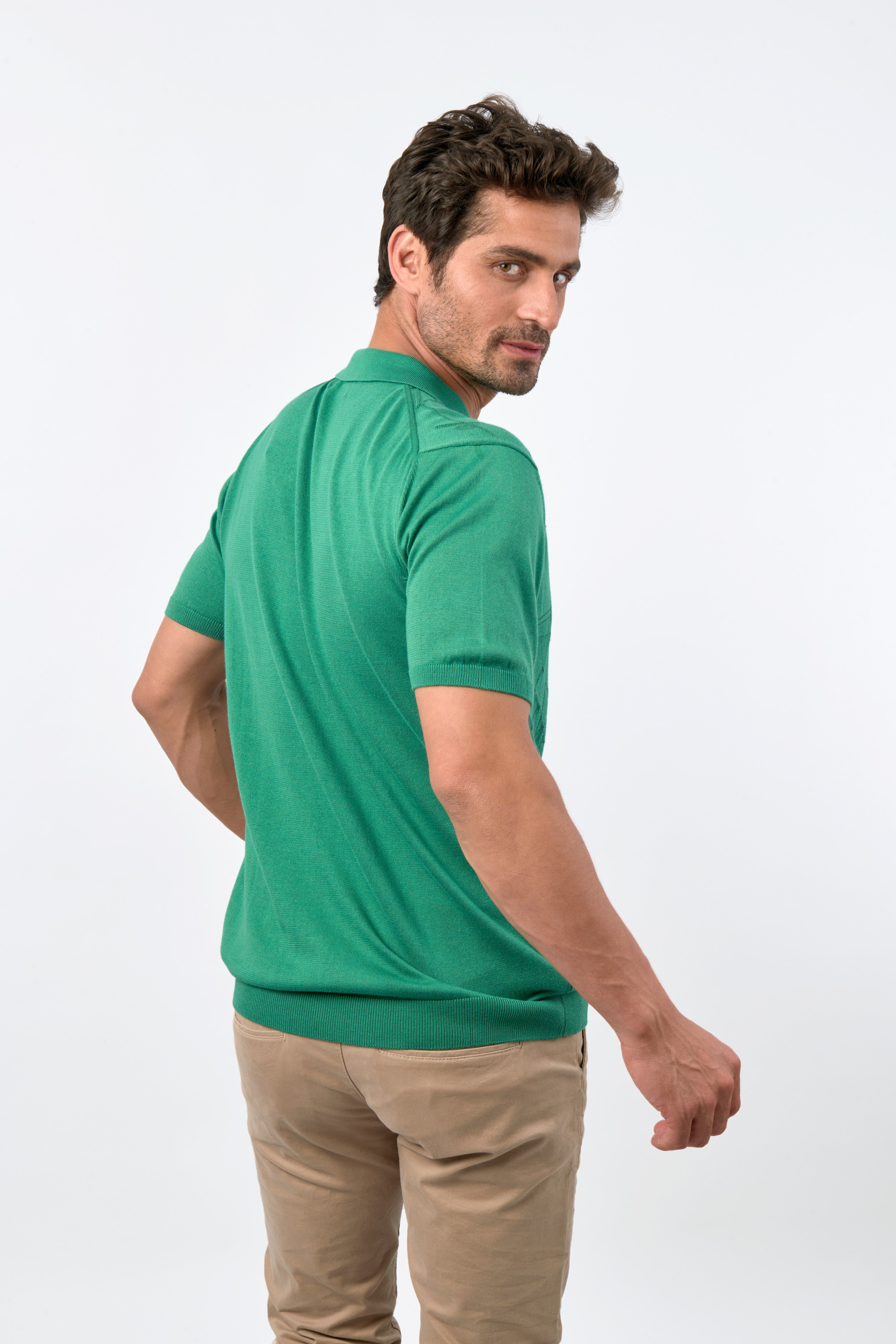 Jacquard Knitted Viridian Cotton Polo