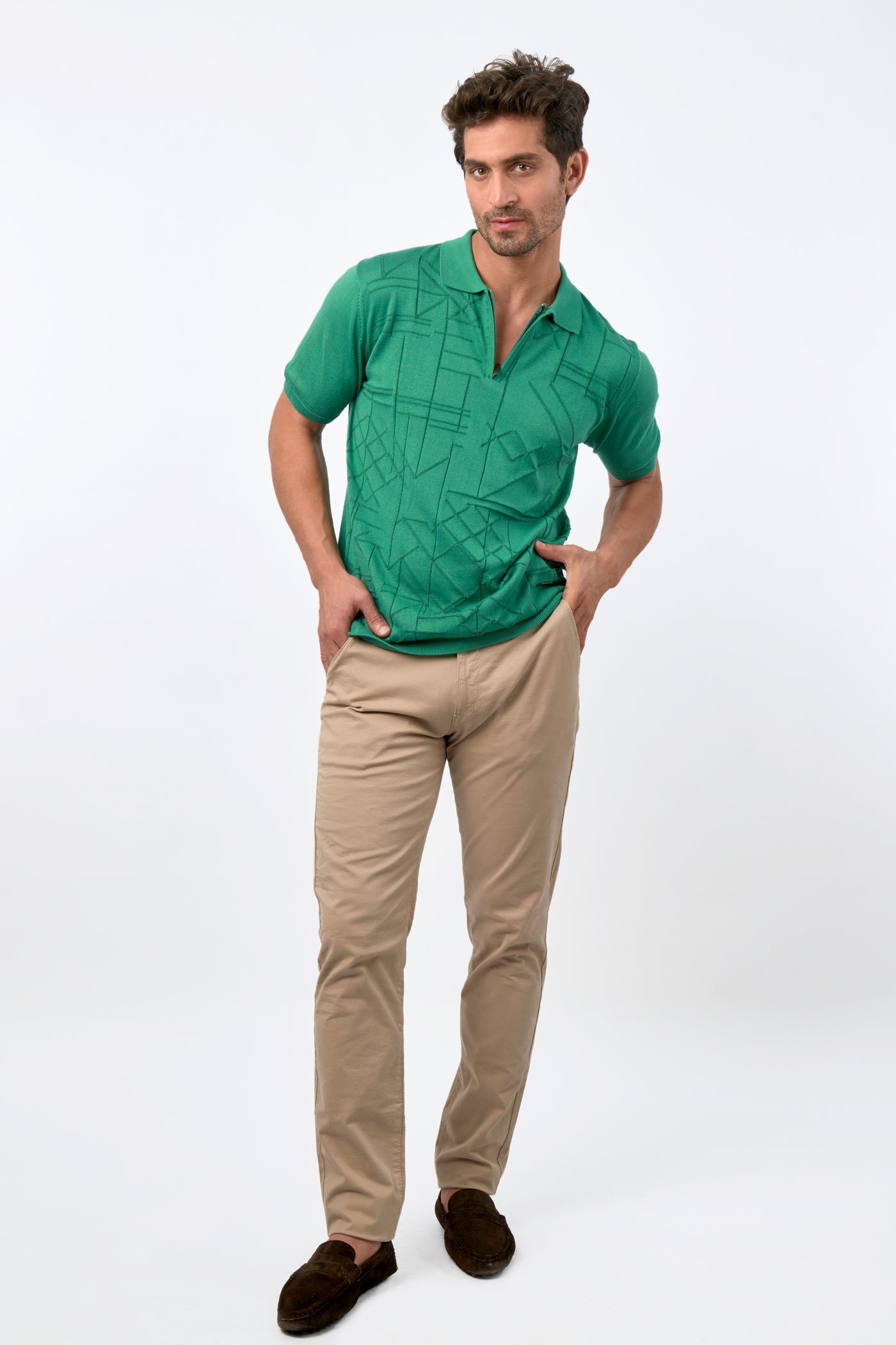 Jacquard Knitted Viridian Cotton Polo