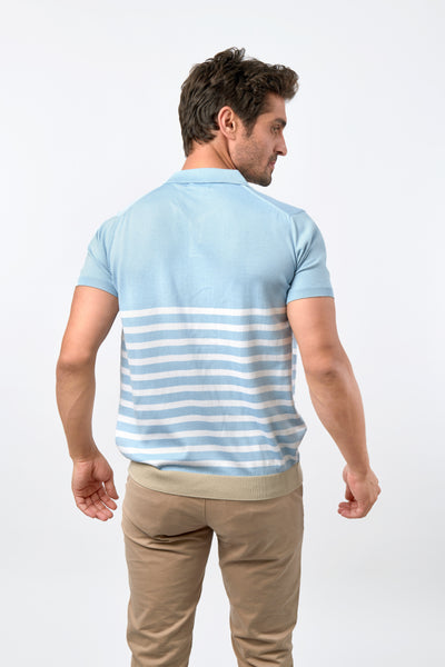 Knitted Striped Light Blue & White Cotton Polo
