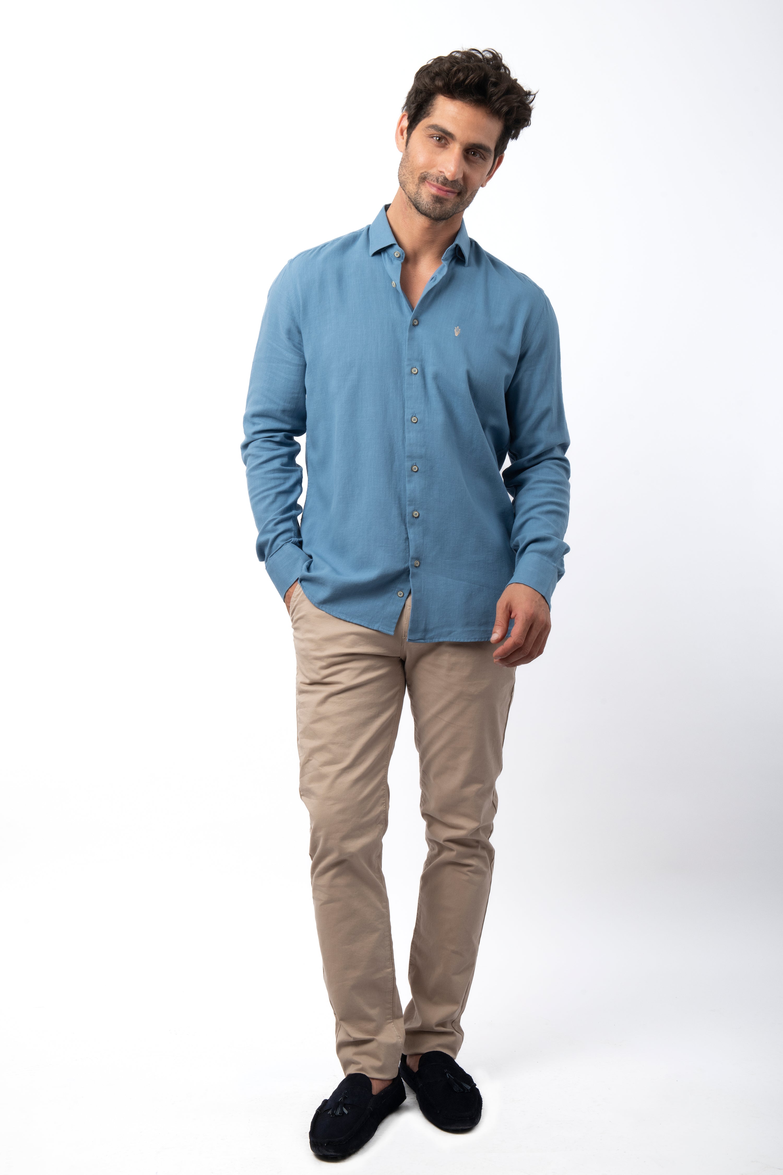 Linen Cotton Look Light Sea Blue Casual Shirt