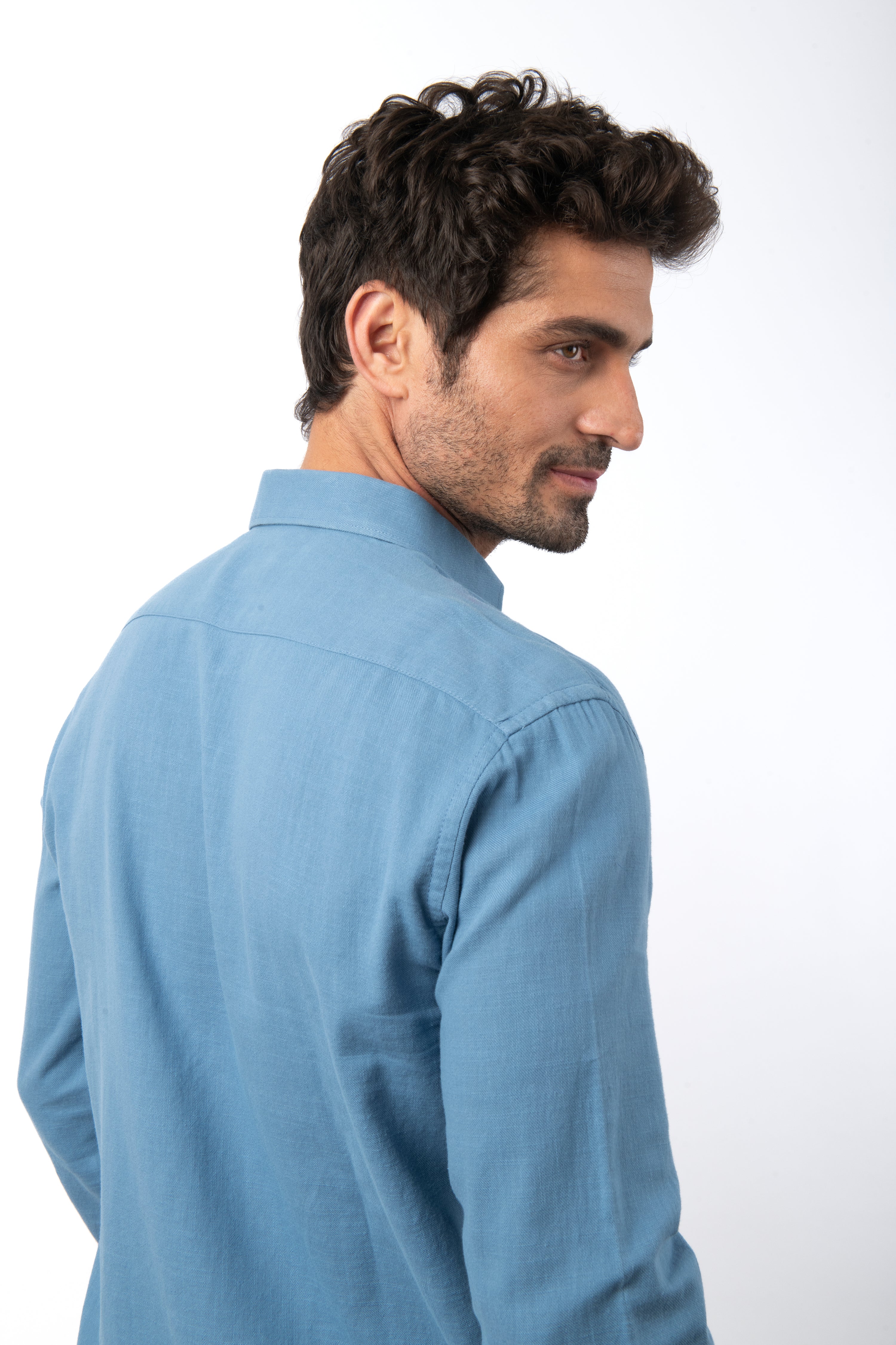 Linen Cotton Look Light Sea Blue Casual Shirt