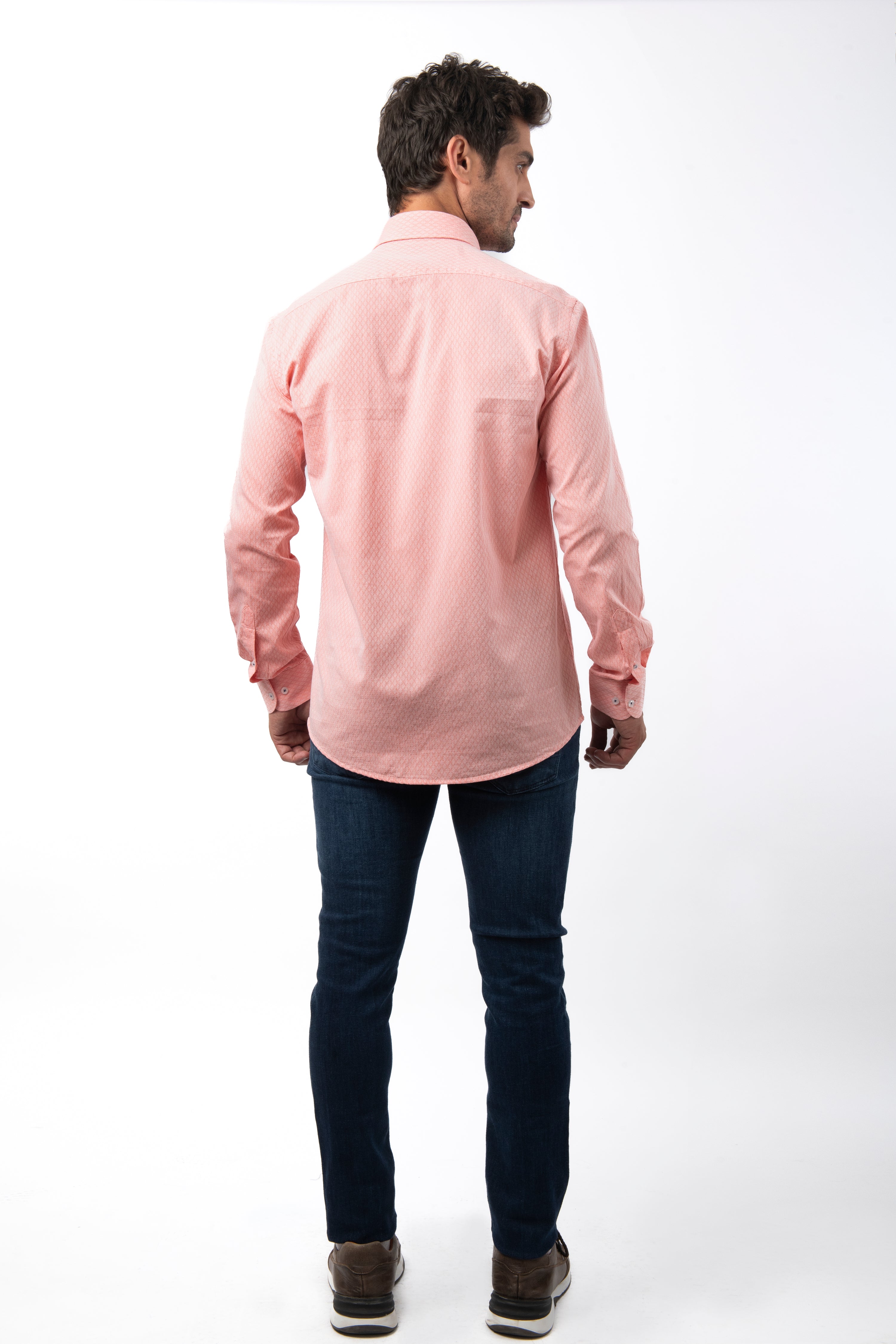 Jacquard Light Coral Cotton Casual Shir - 4