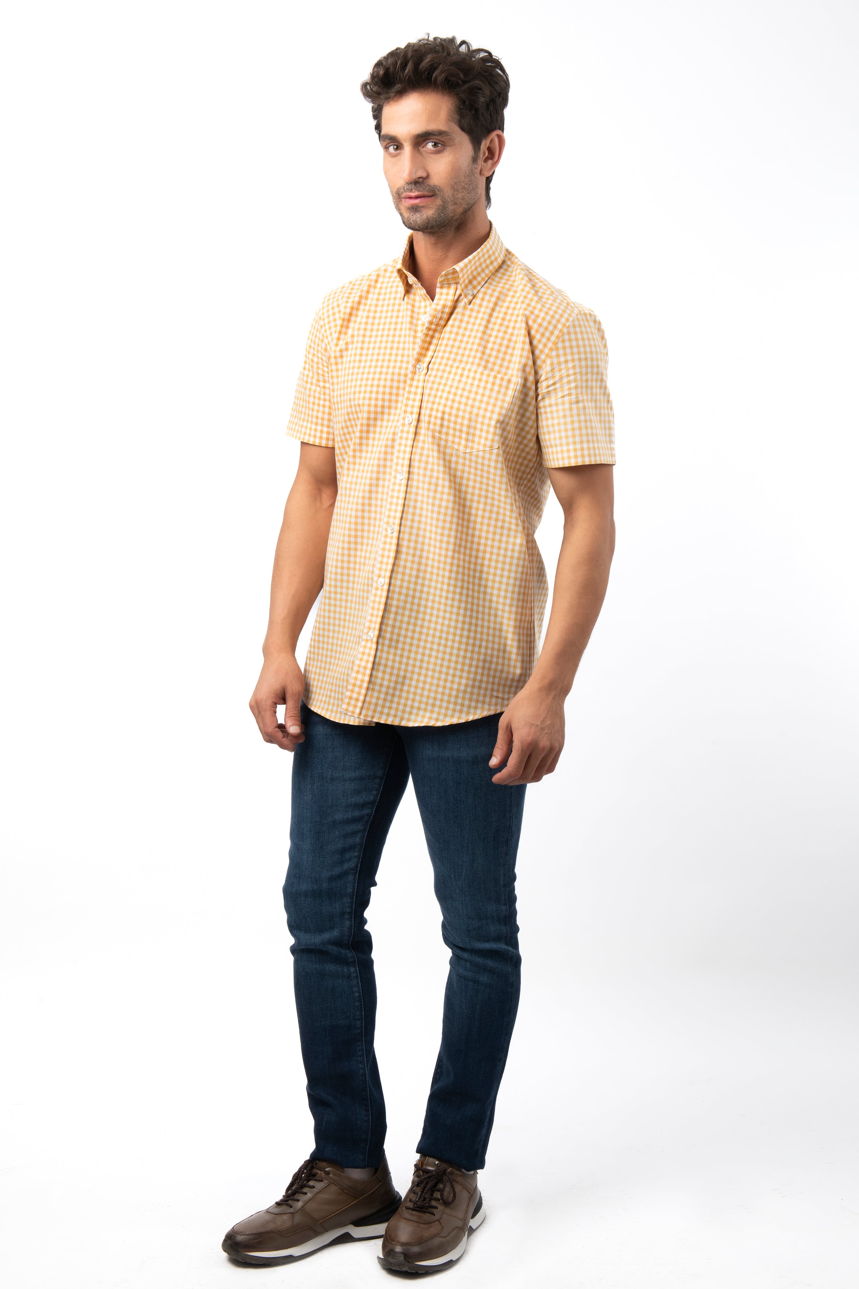 Checked Yellow Short Sleeves Cotton Shirt