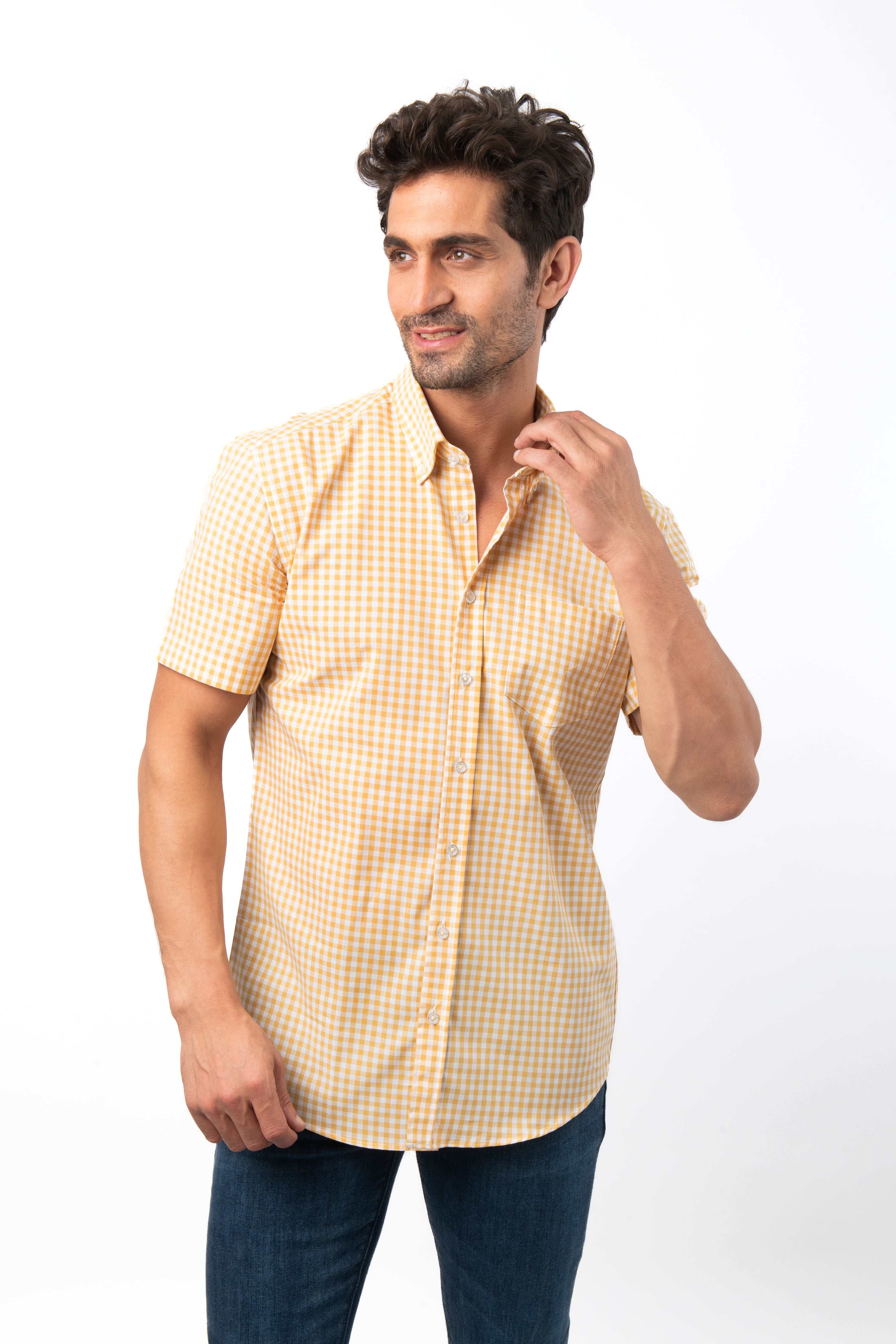 Checked Yellow Short Sleeves Cotton Shirt