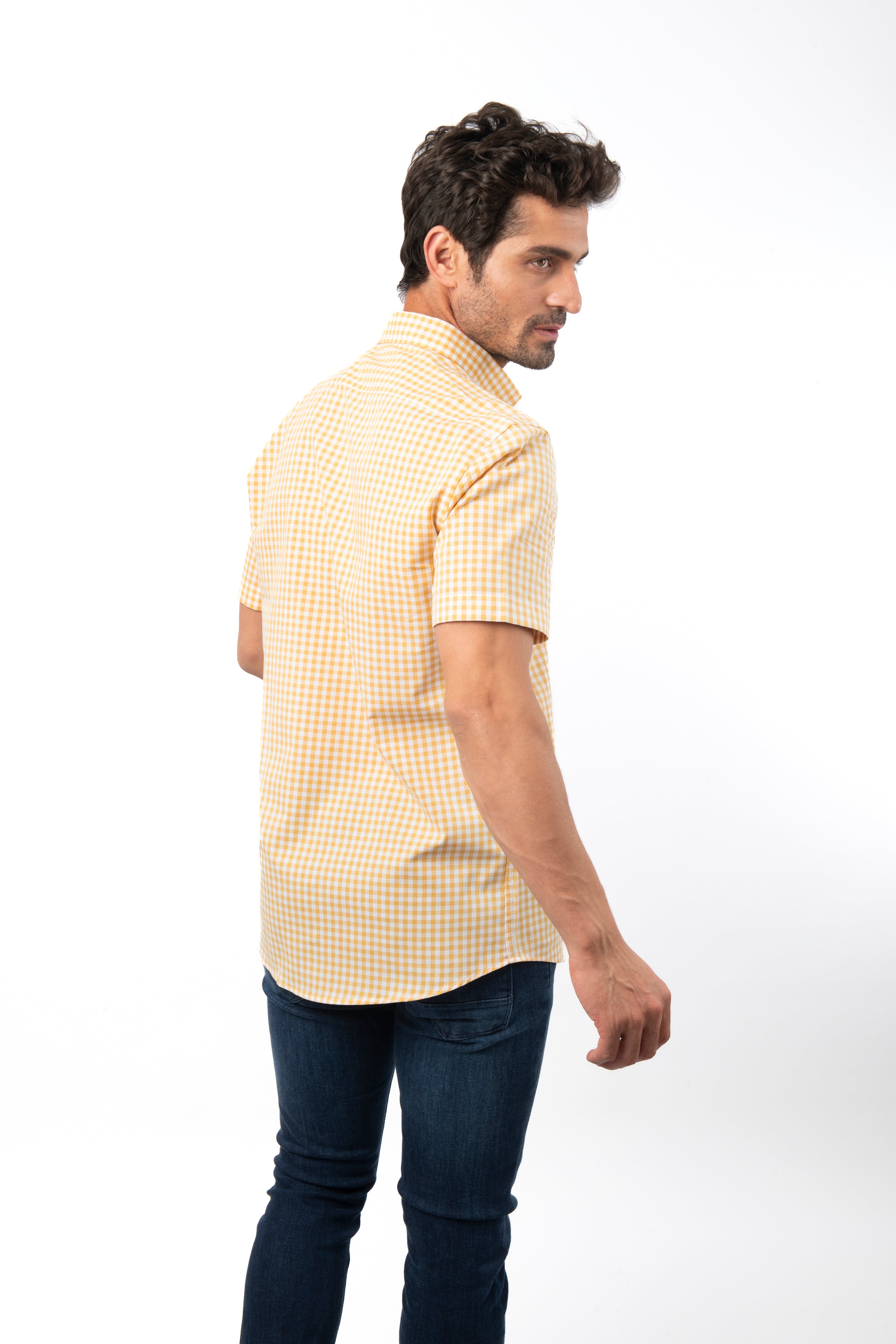 Checked Yellow Short Sleeves Cotton Shirt