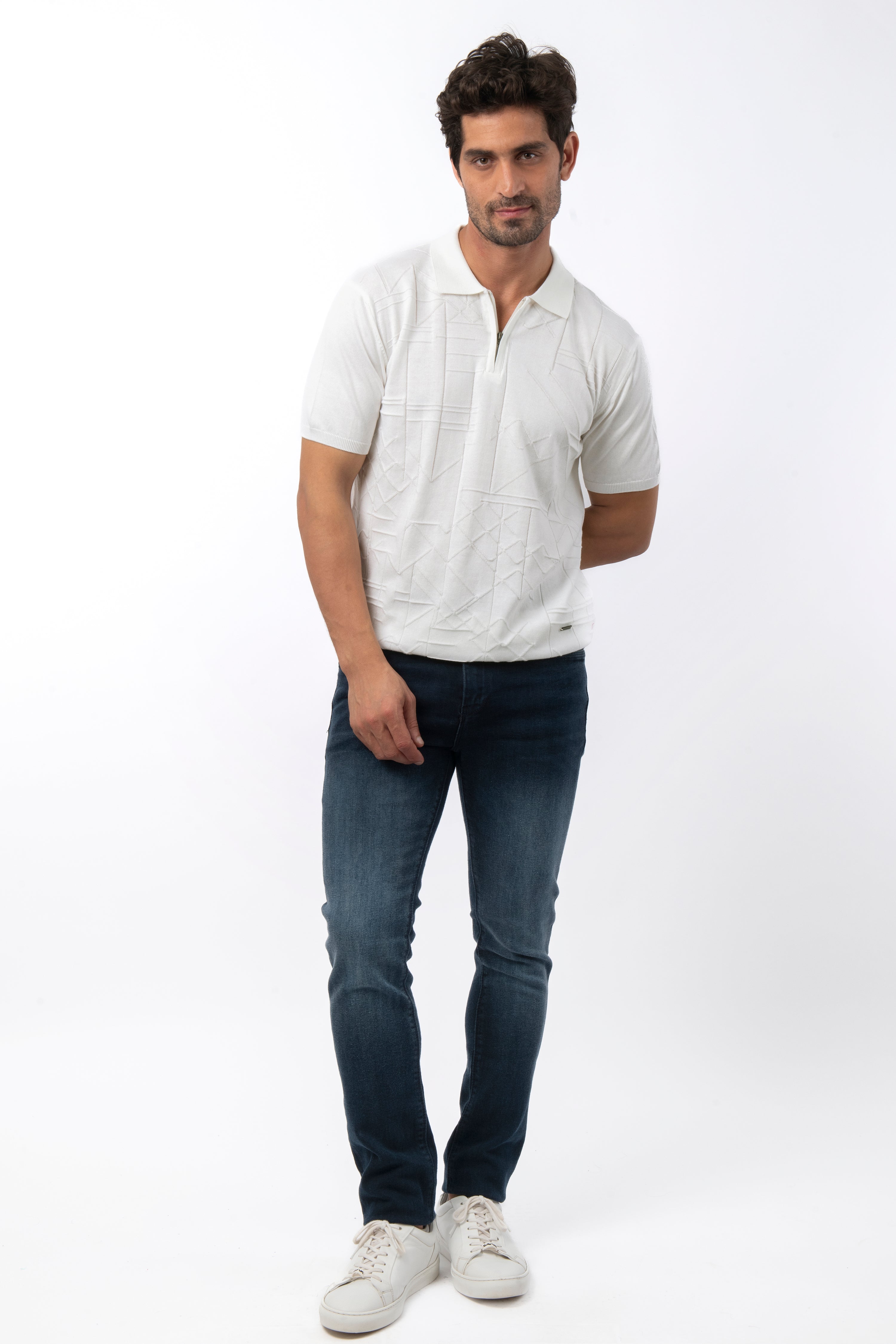 Knitted Jacquard Off White Cotton Polo