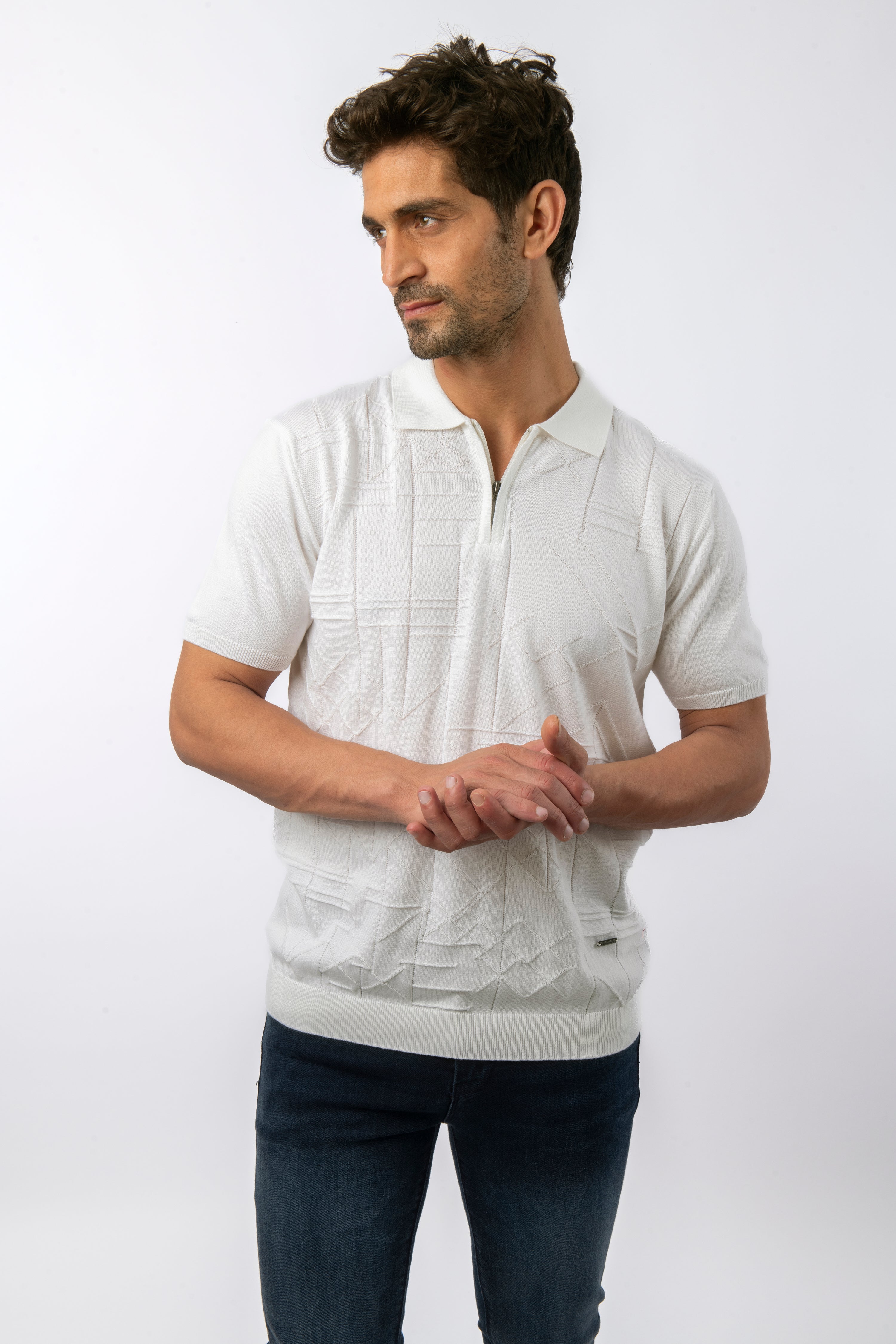 Knitted Jacquard Off White Cotton Polo