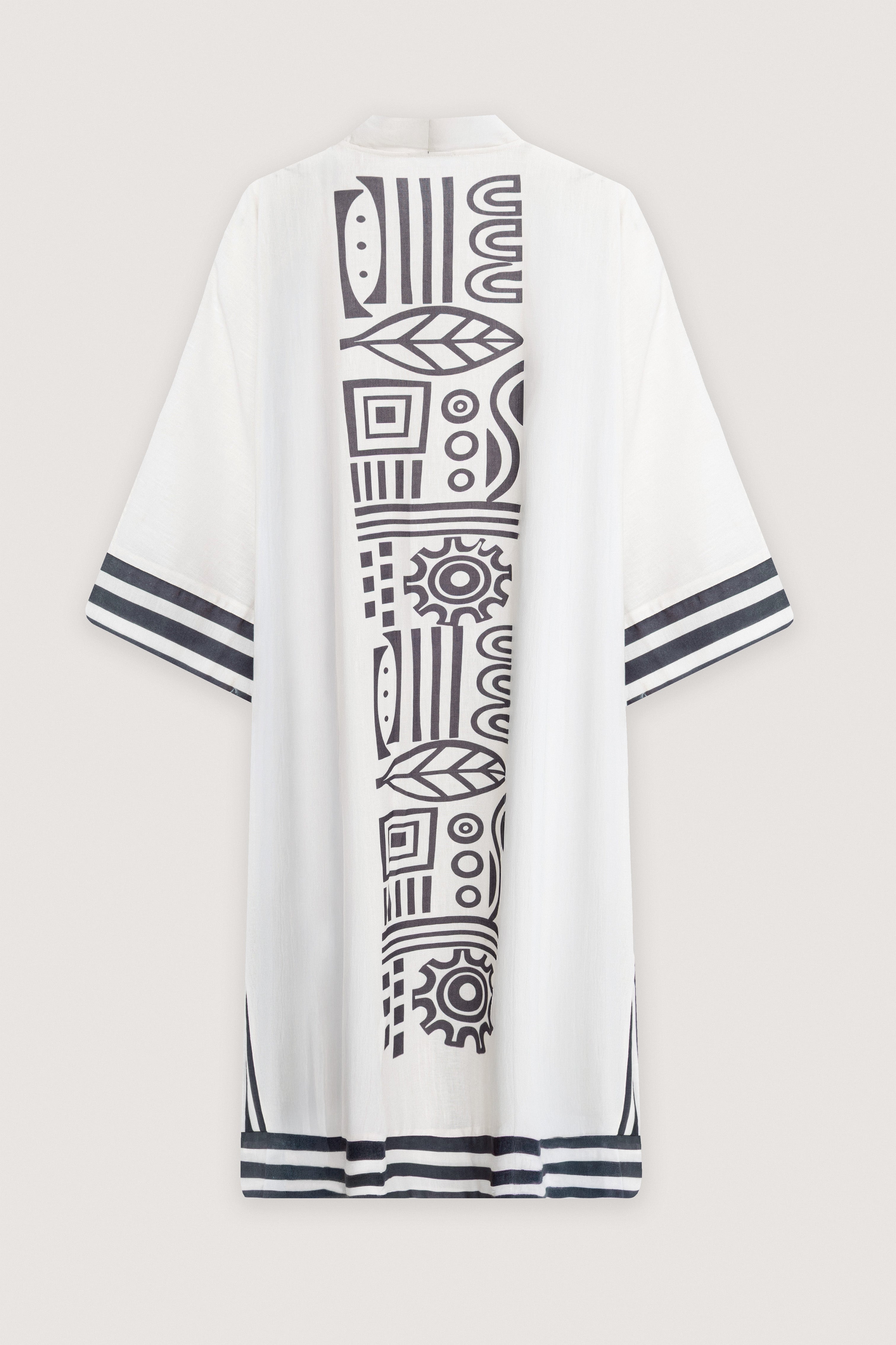 White Printed Linen Blend Cardigan