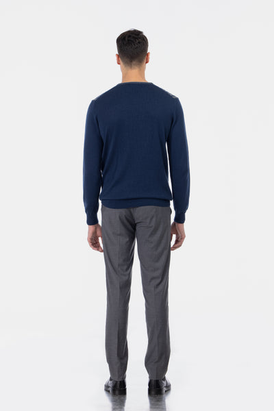 Jacquard Round Neck Navy and Silver Knitted Pullover