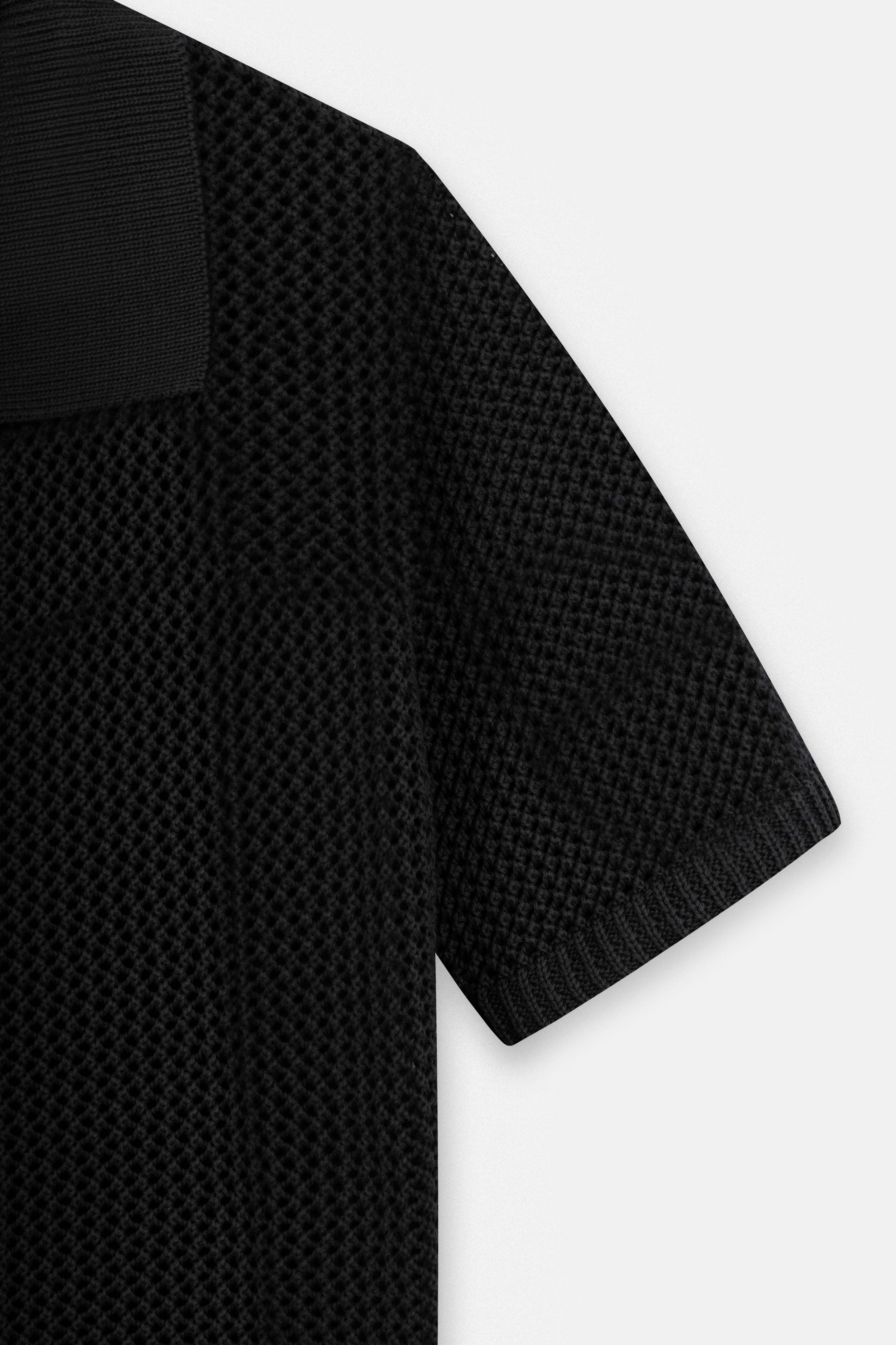 Knitted open-Stitch  Black Short Sleeves Shirt