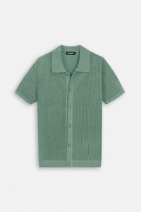 Knitted open-Stitch Green Short Sleeves Shirt
