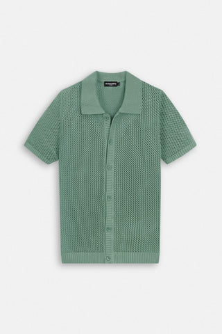 Knitted open-Stitch Green Short Sleeves Shirt