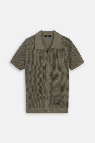 Knitted open-Stitch Coffee Short Sleeves Shirt