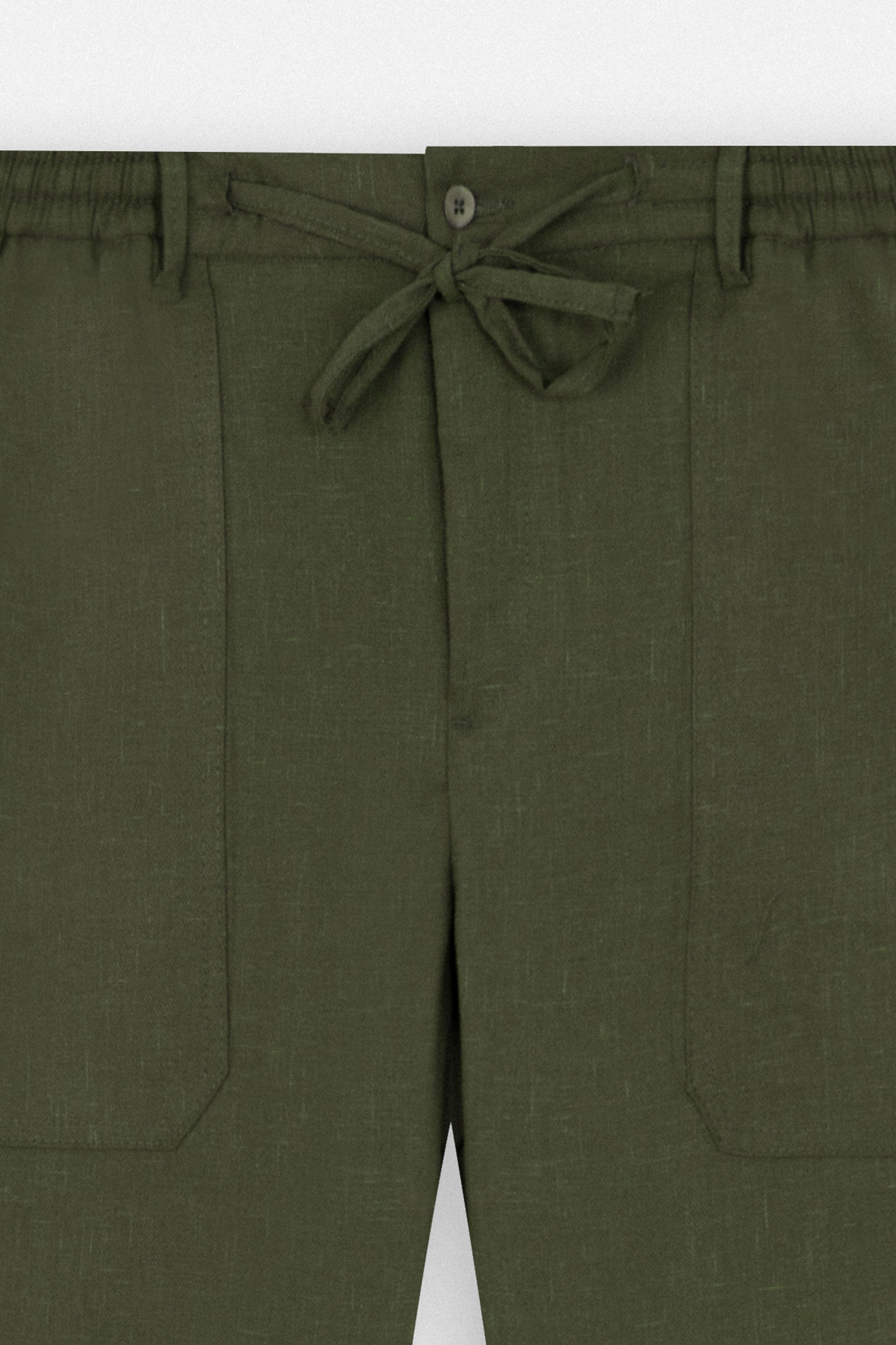 Laced-Up Dark Green Linen Look casual pants