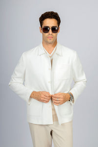 Jacquard White Button-Up Over-Shirt
