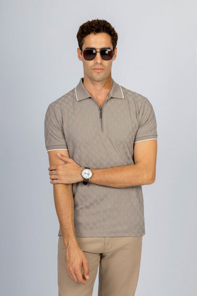 Jacquard Coffee Zip-Up Polo