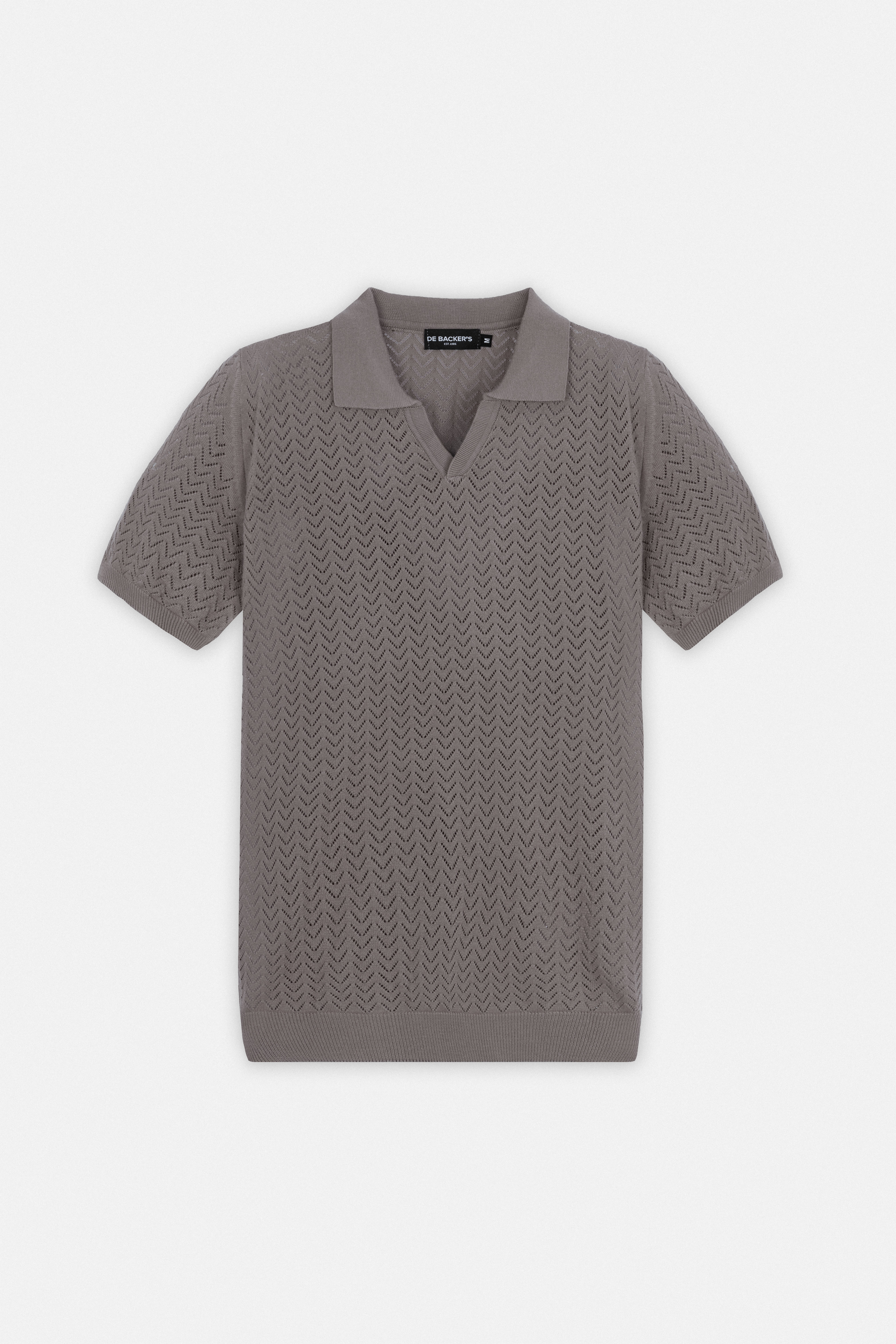 Open-Stitch Knitted Light Brown V-Neck Polo
