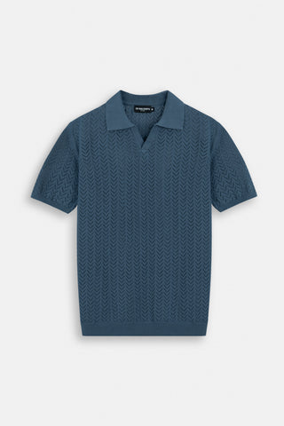 Open-Stitch Knitted Teal-Blue V-Neck Polo
