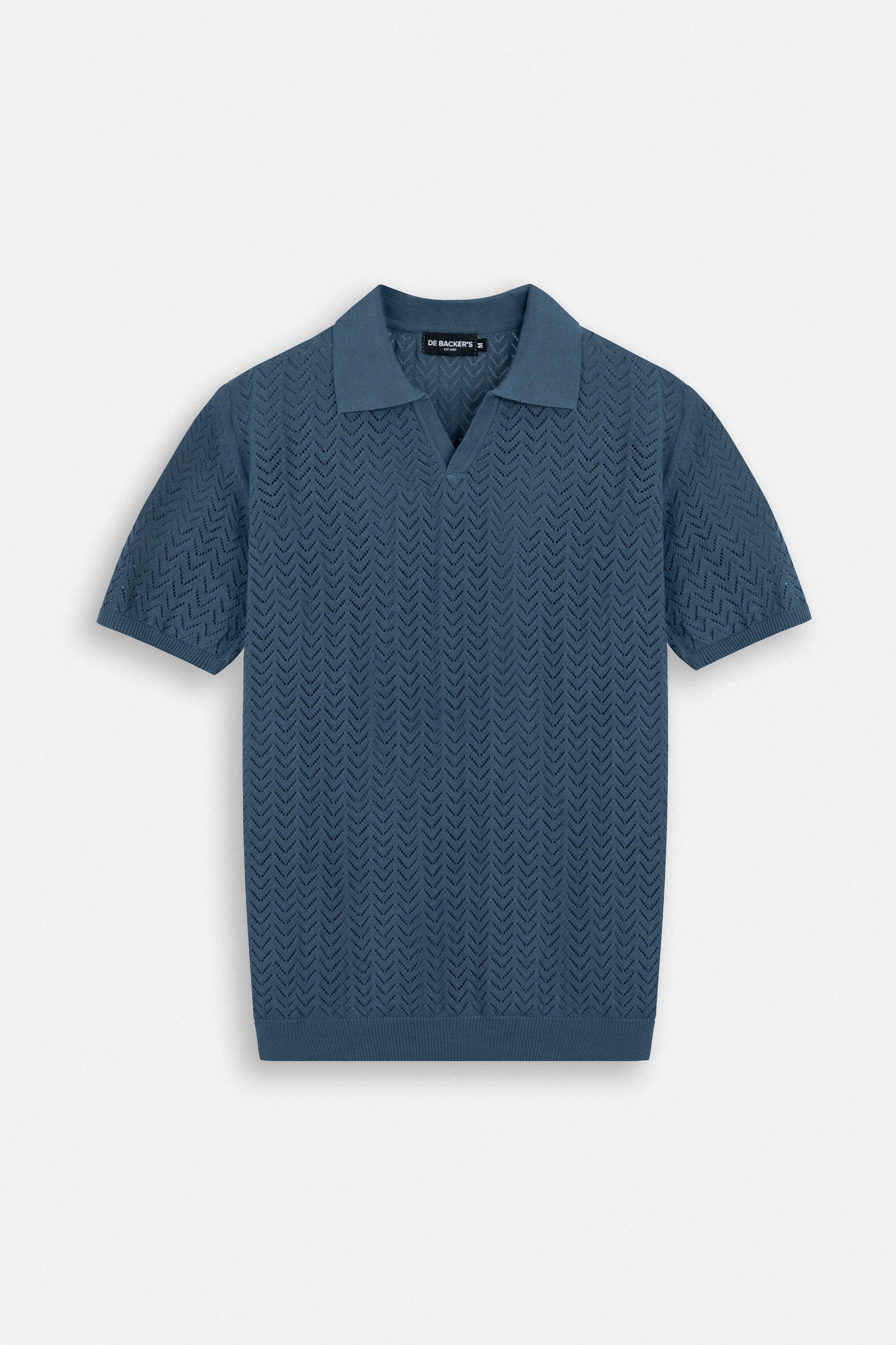 Open-Stitch Knitted Teal-Blue V-Neck Polo