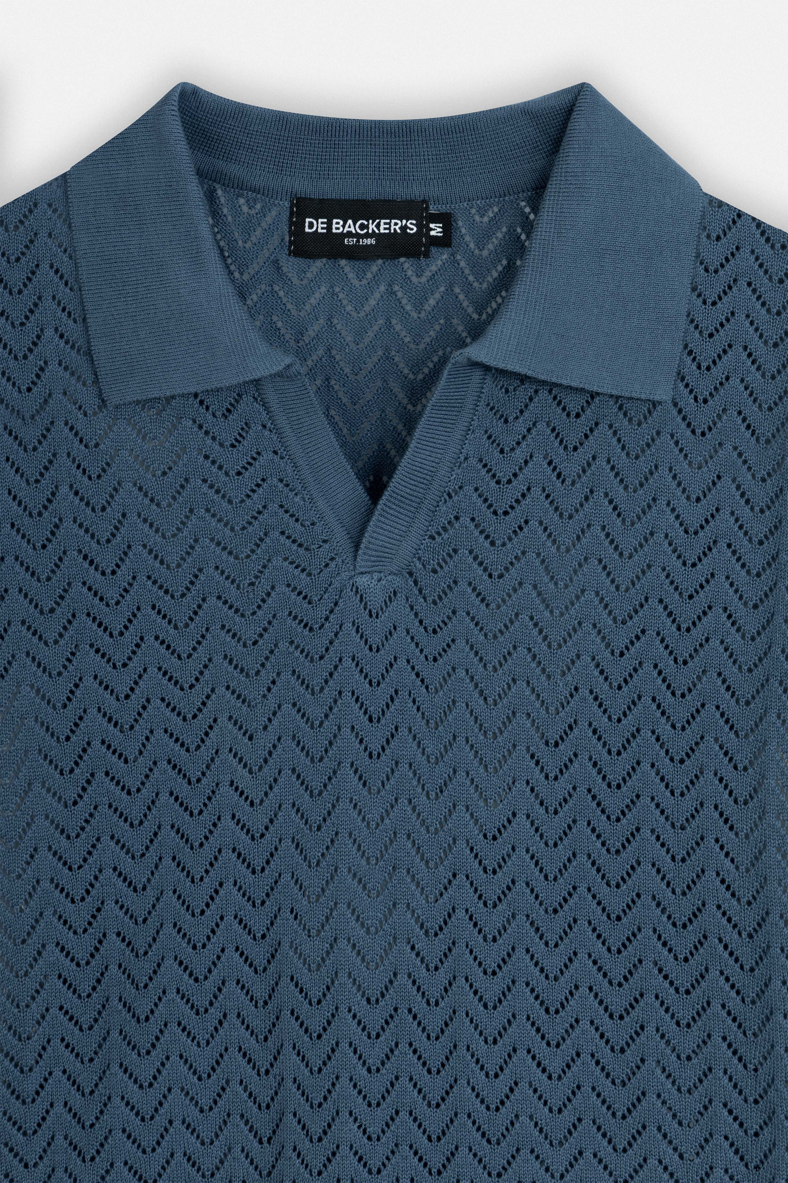 Open-Stitch Knitted Teal-Blue V-Neck Polo