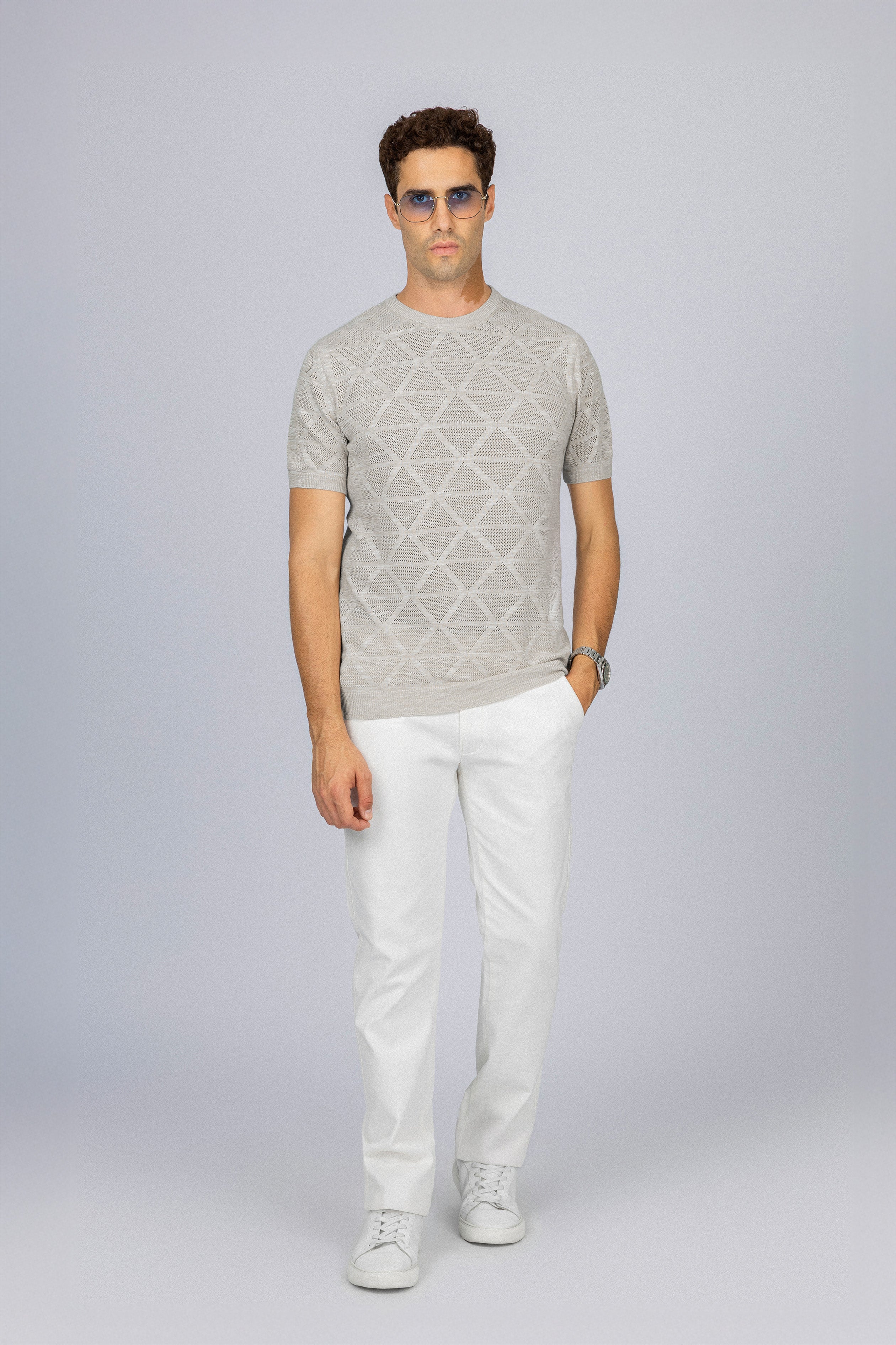Patterned Gray Knitted Round T-Shirt
