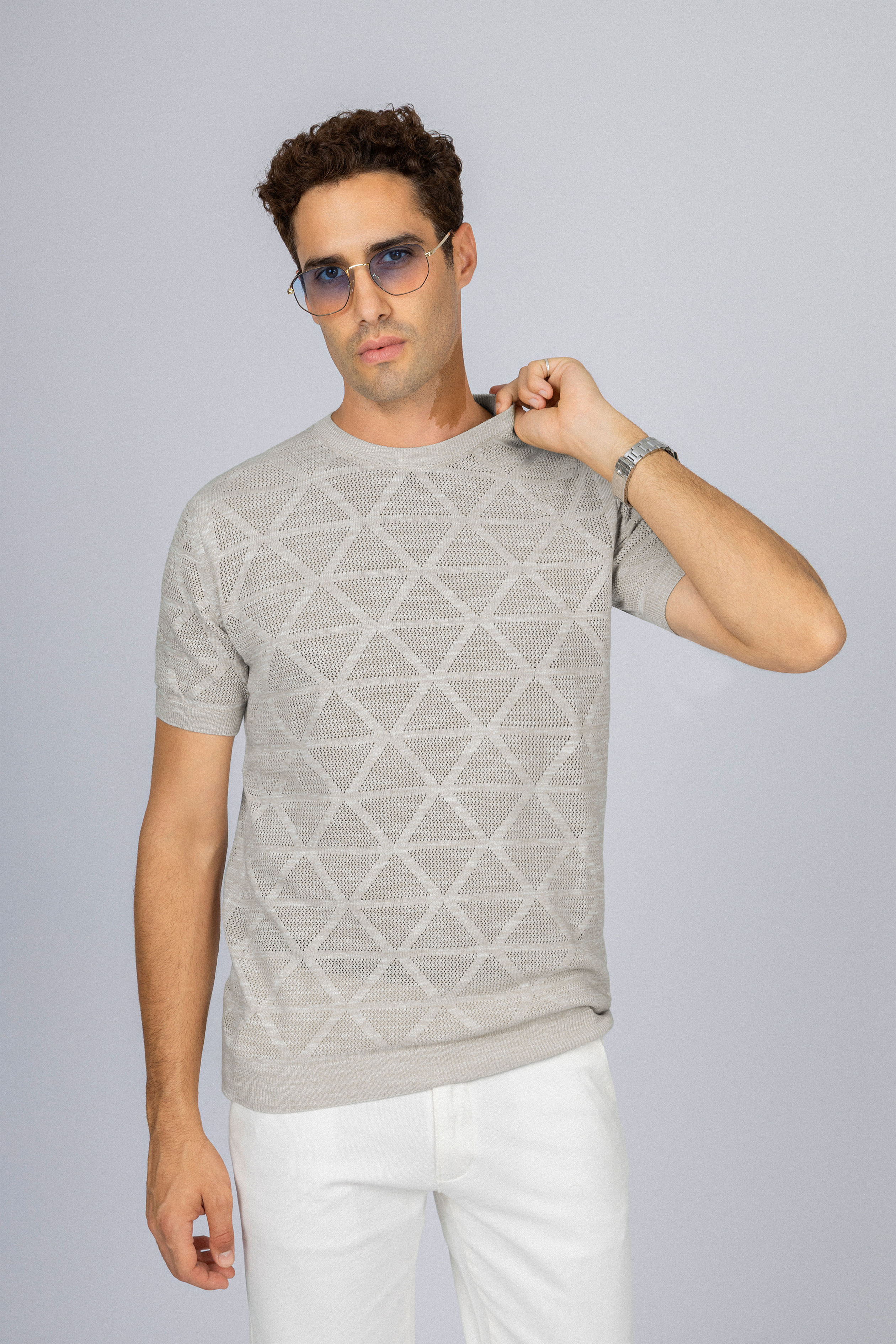 Patterned Gray Knitted Round T-Shirt