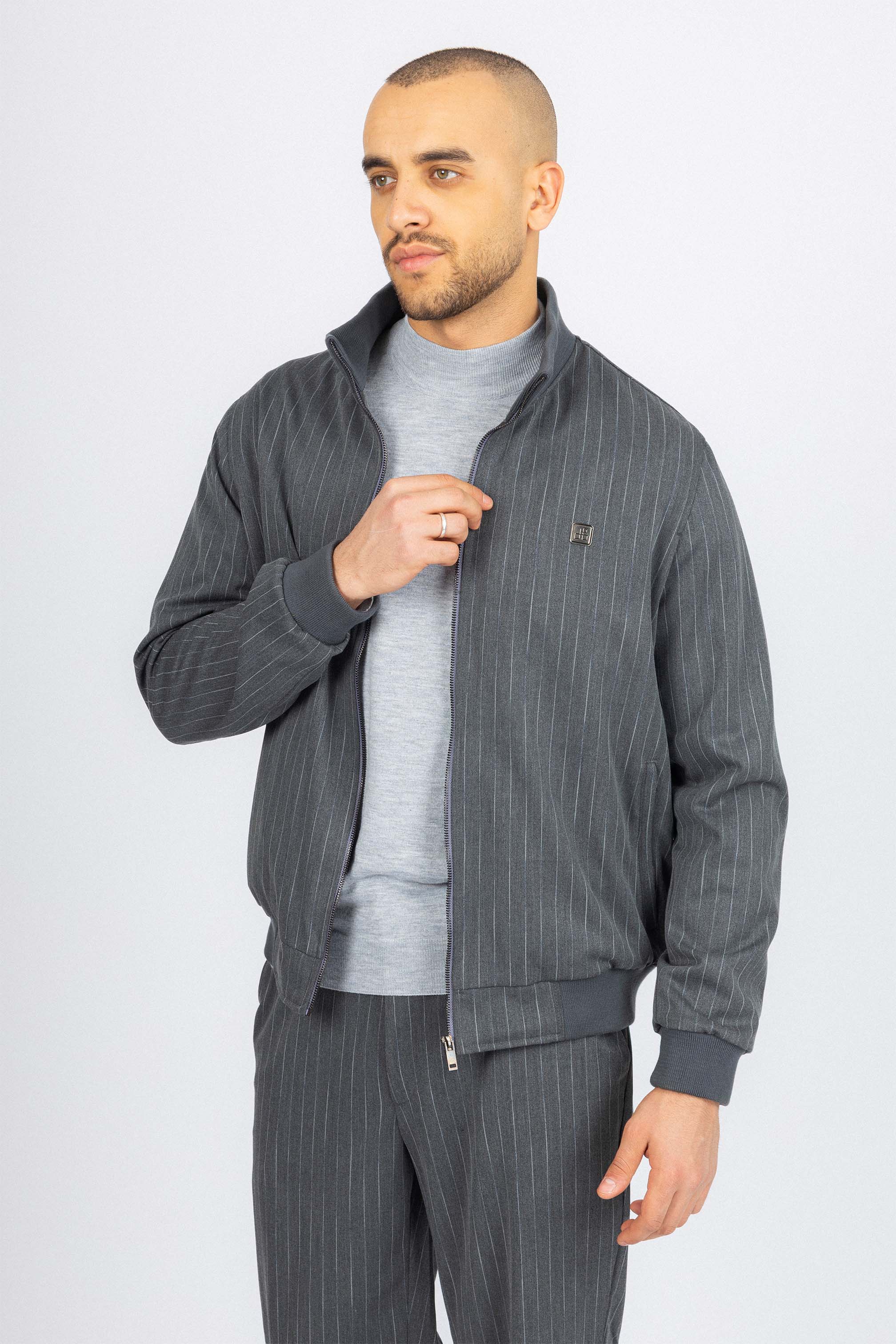 Dark Gray Striped Mens Casual Set