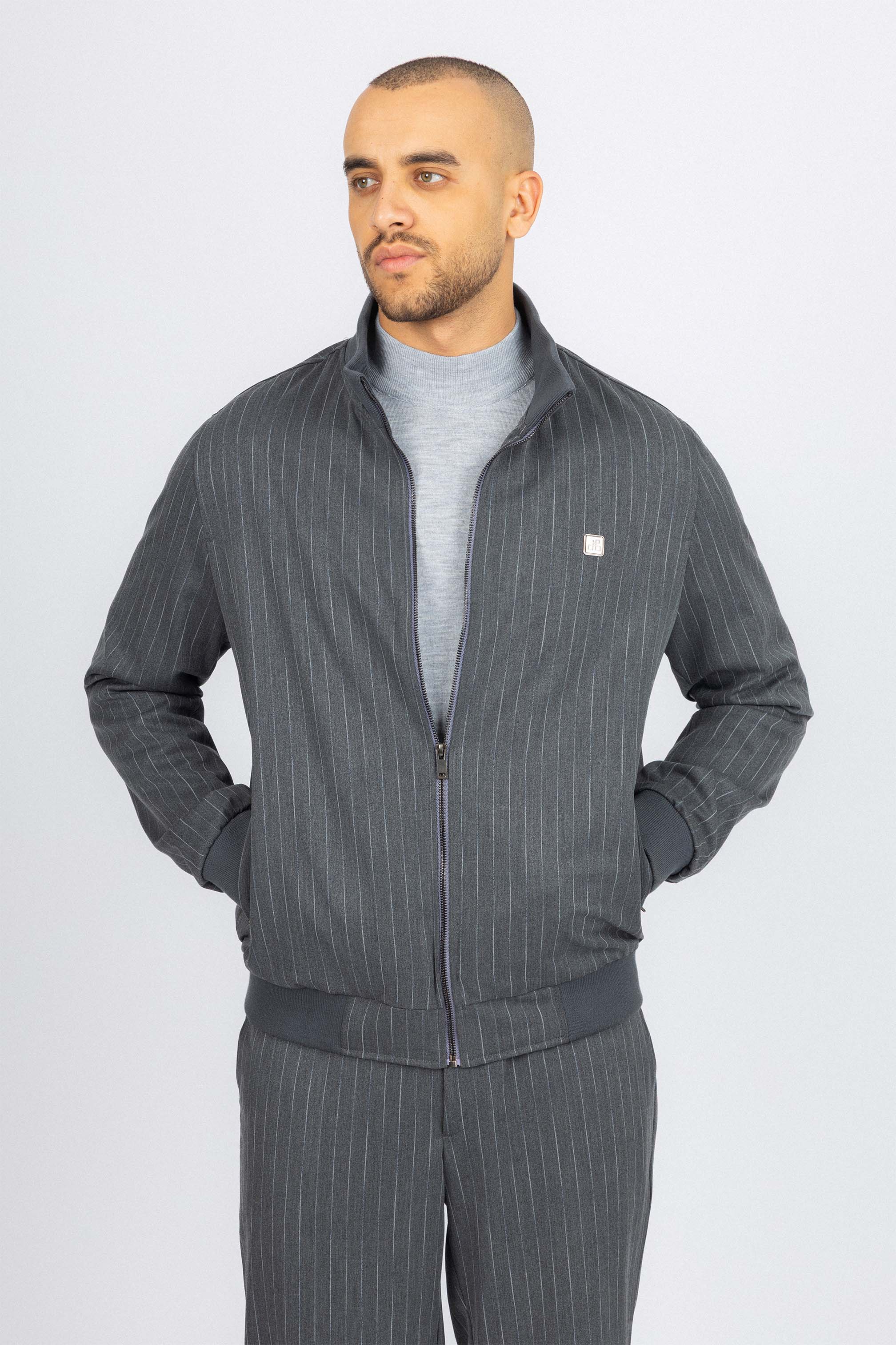 Dark Gray Striped Mens Casual Set