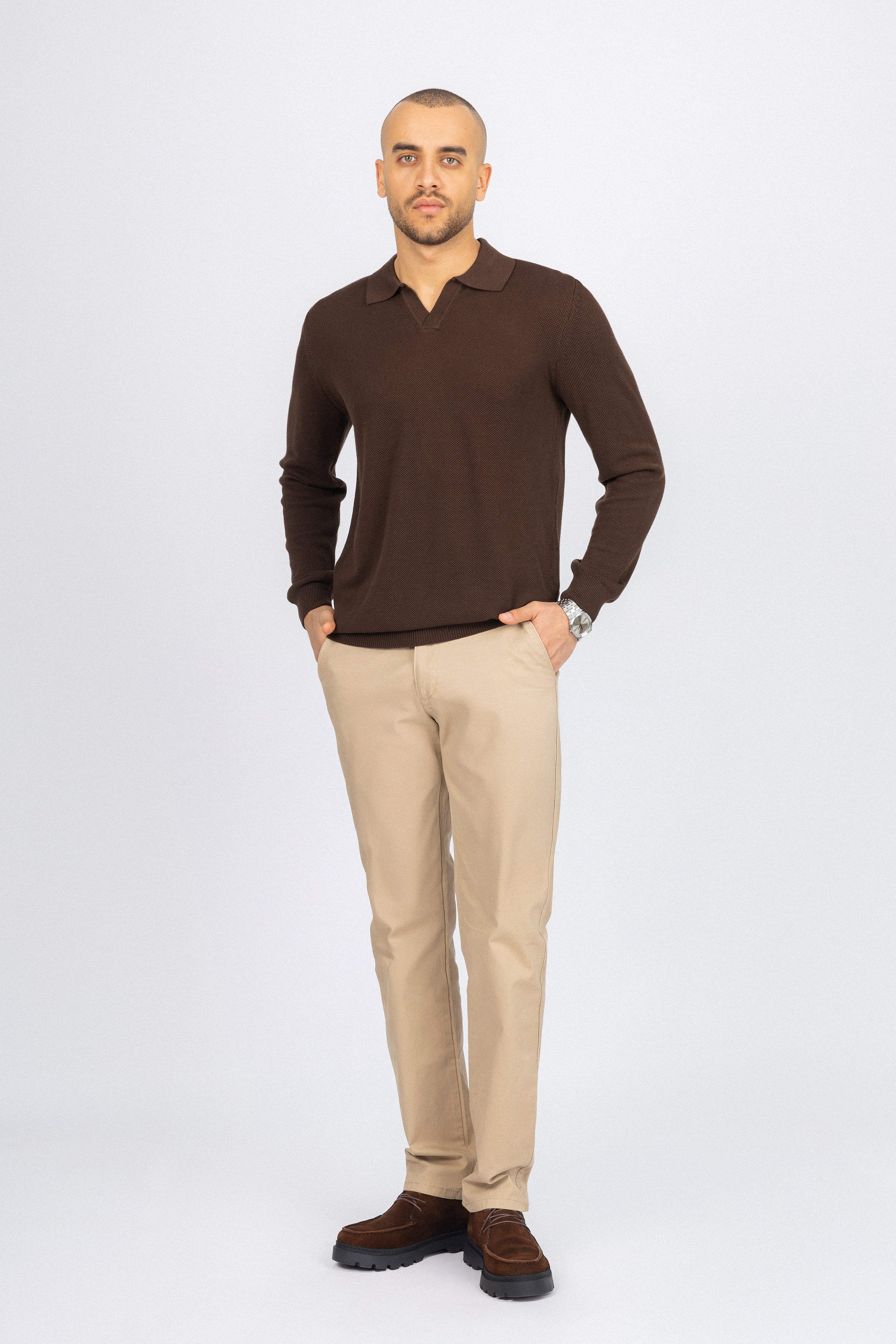 Burnt Brown Knitted Polo Pullover