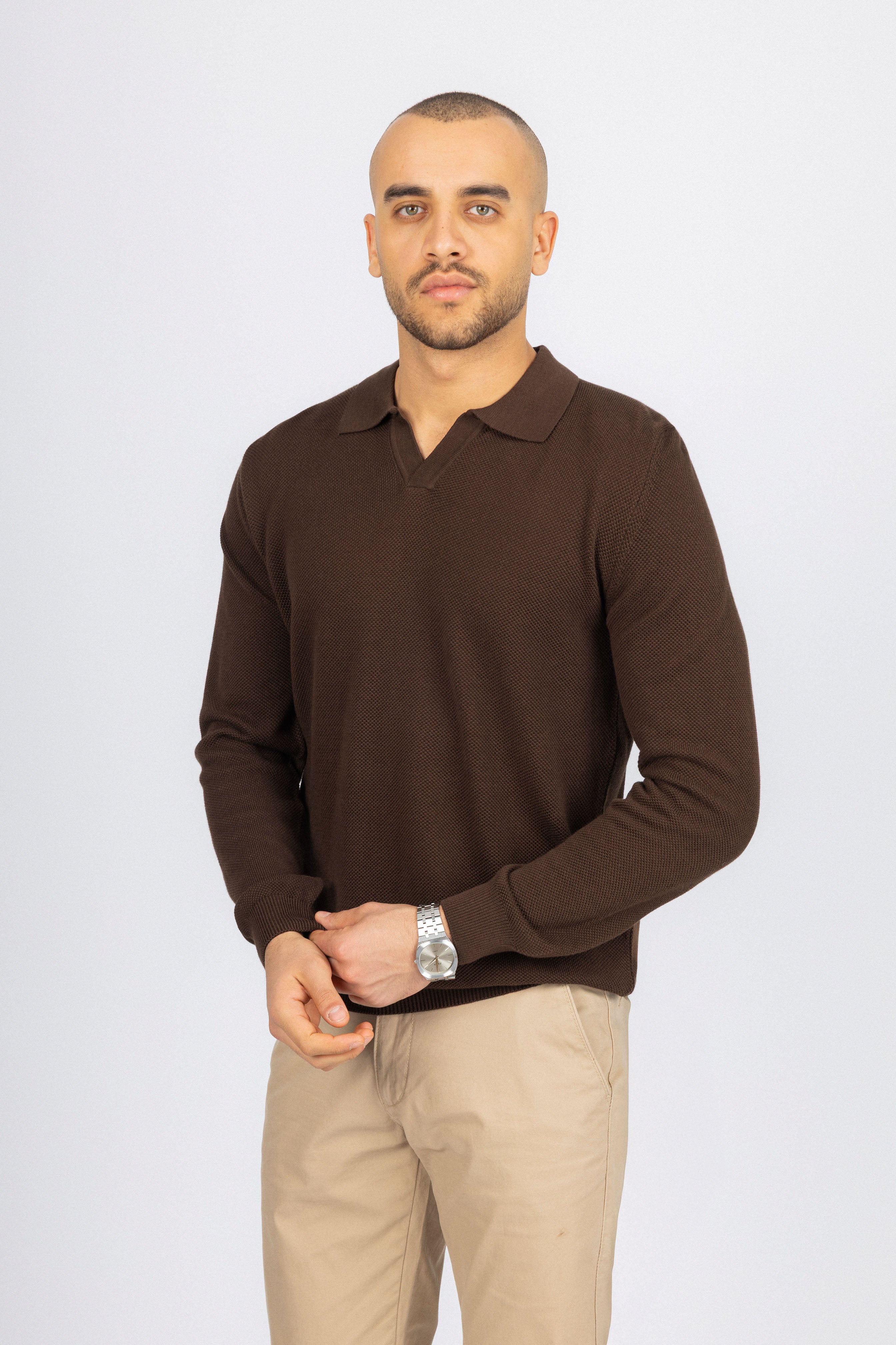 Burnt Brown Knitted Polo Pullover