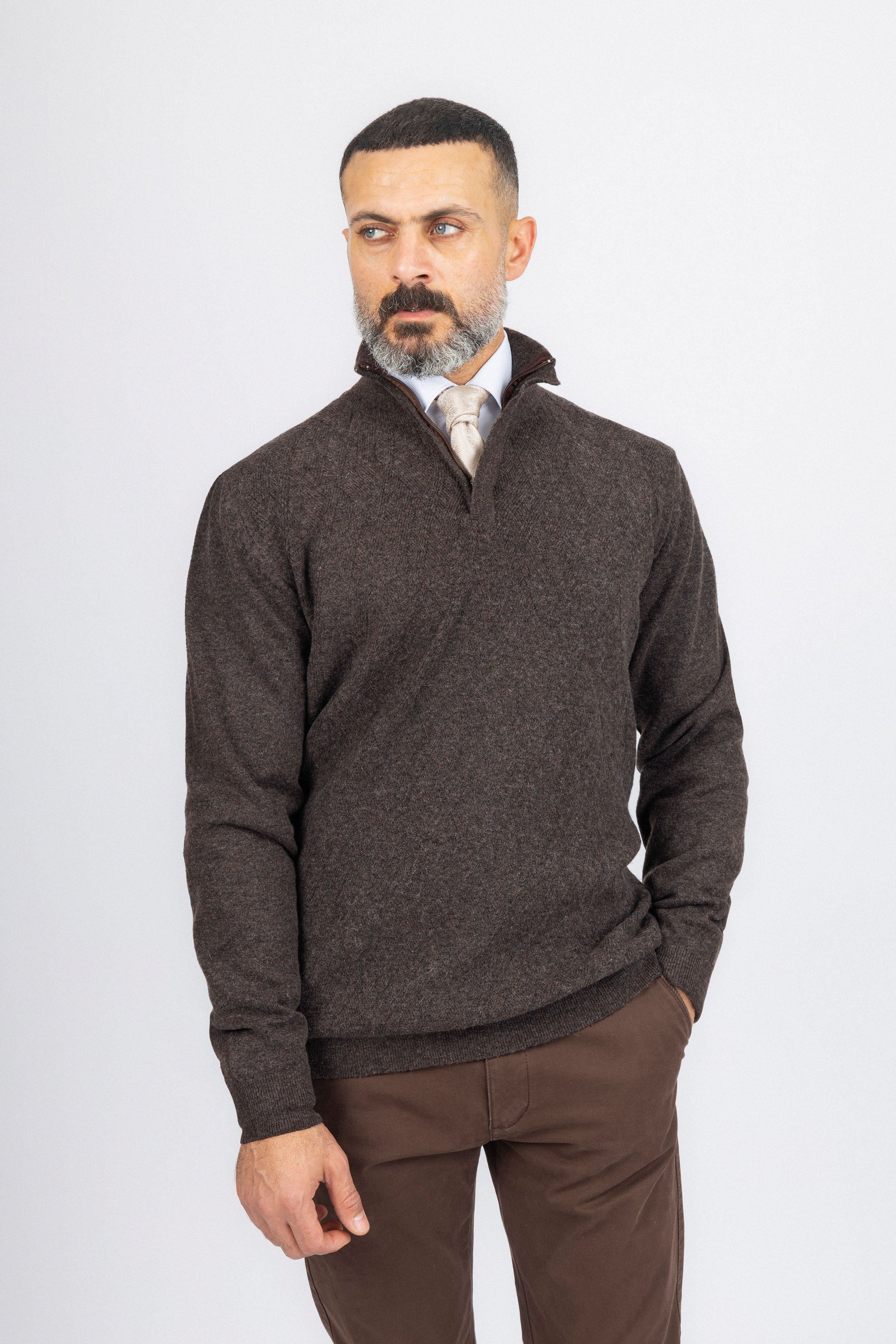 Dark Brown Knitted Quarter-Zipper Pullover