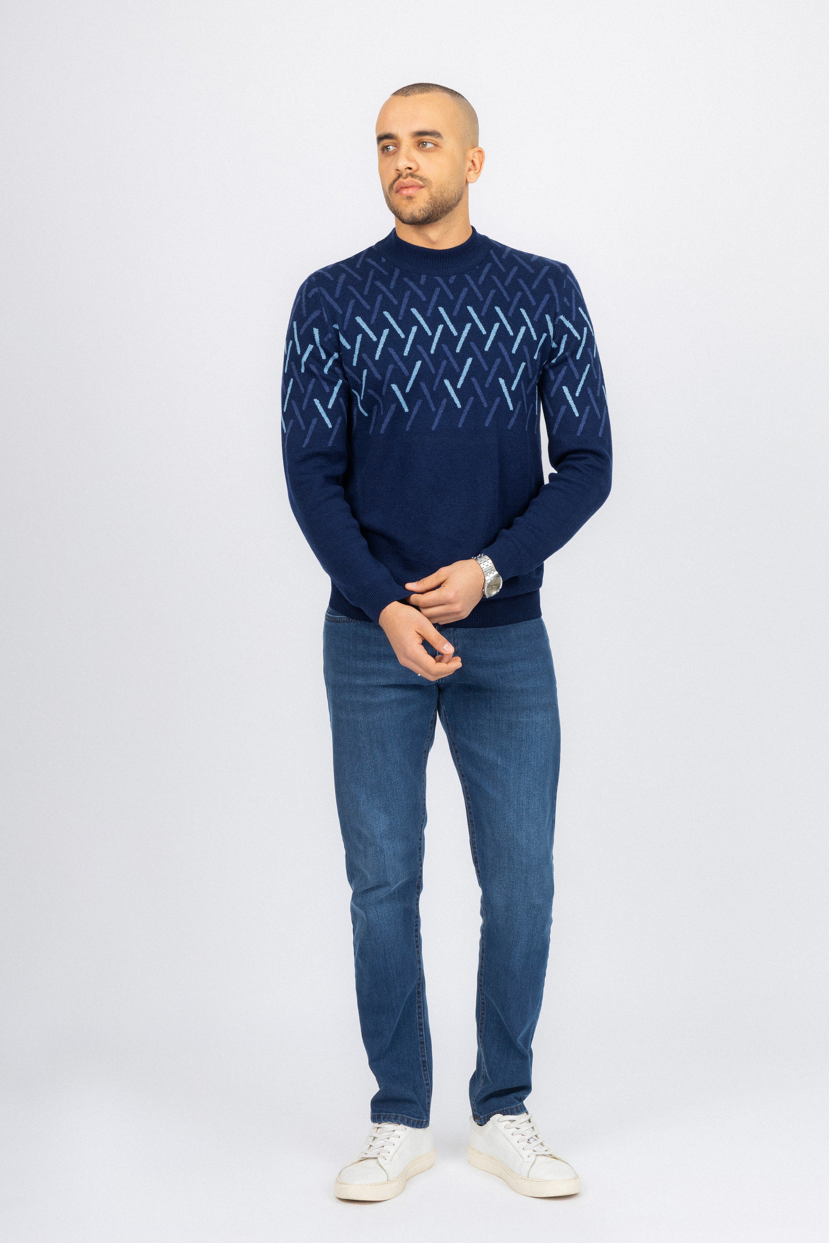 Navy patterned Moc-Neck Pullover