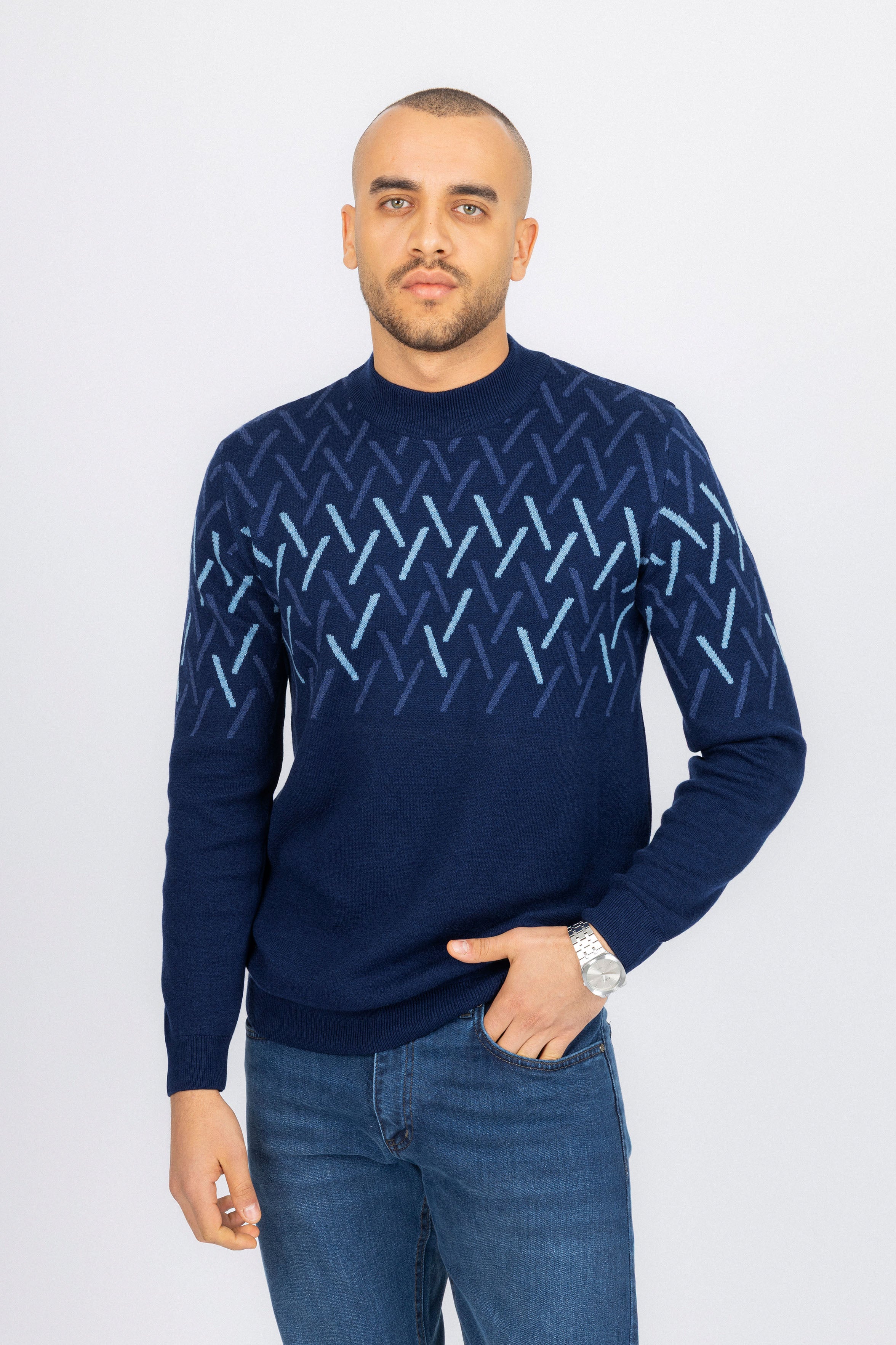 Navy patterned Moc-Neck Pullover