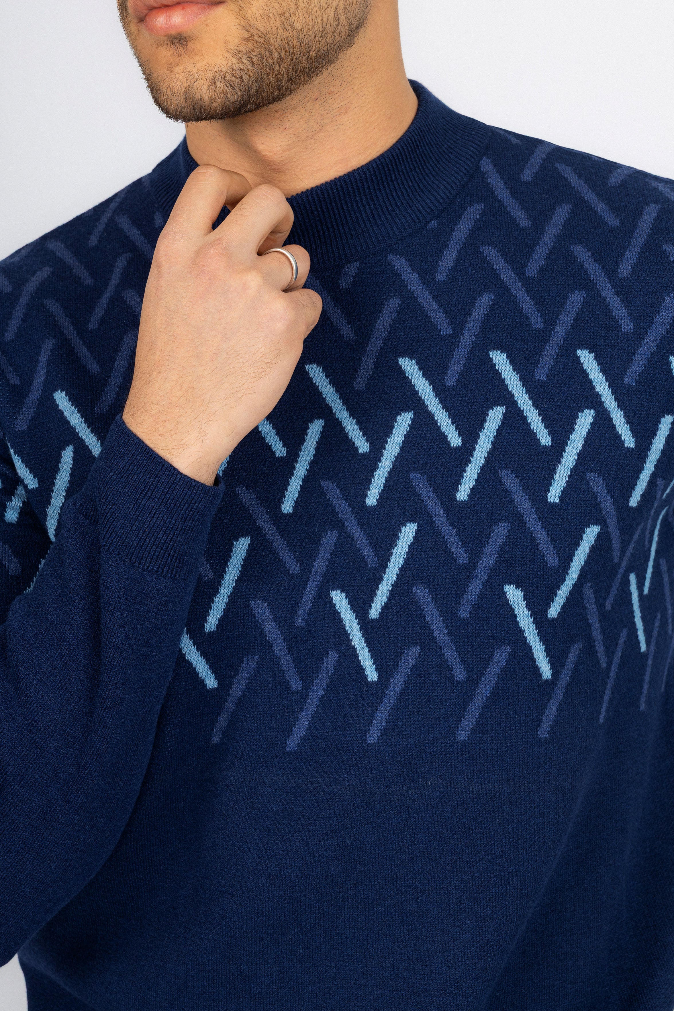 Navy patterned Moc-Neck Pullover