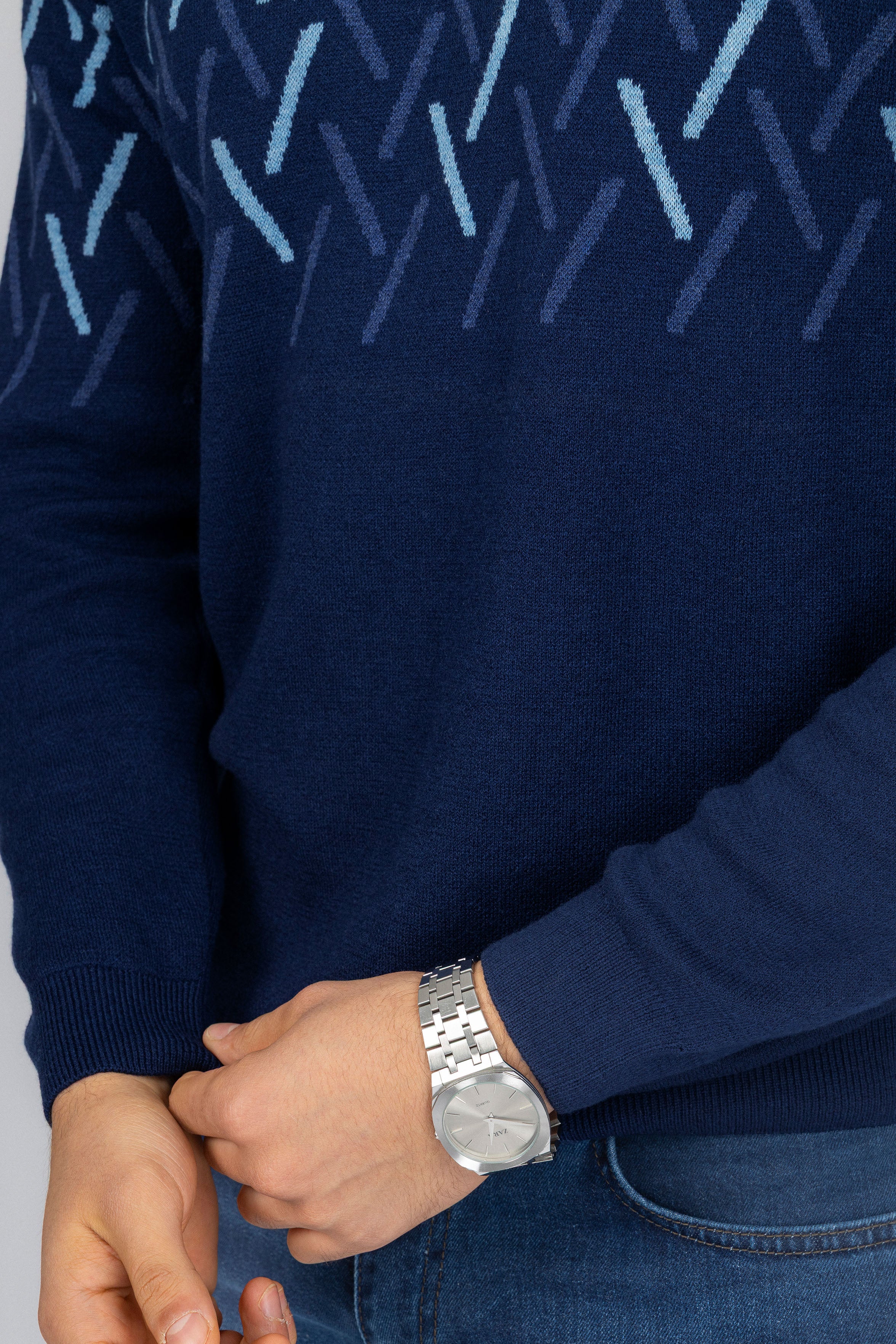 Navy patterned Moc-Neck Pullover