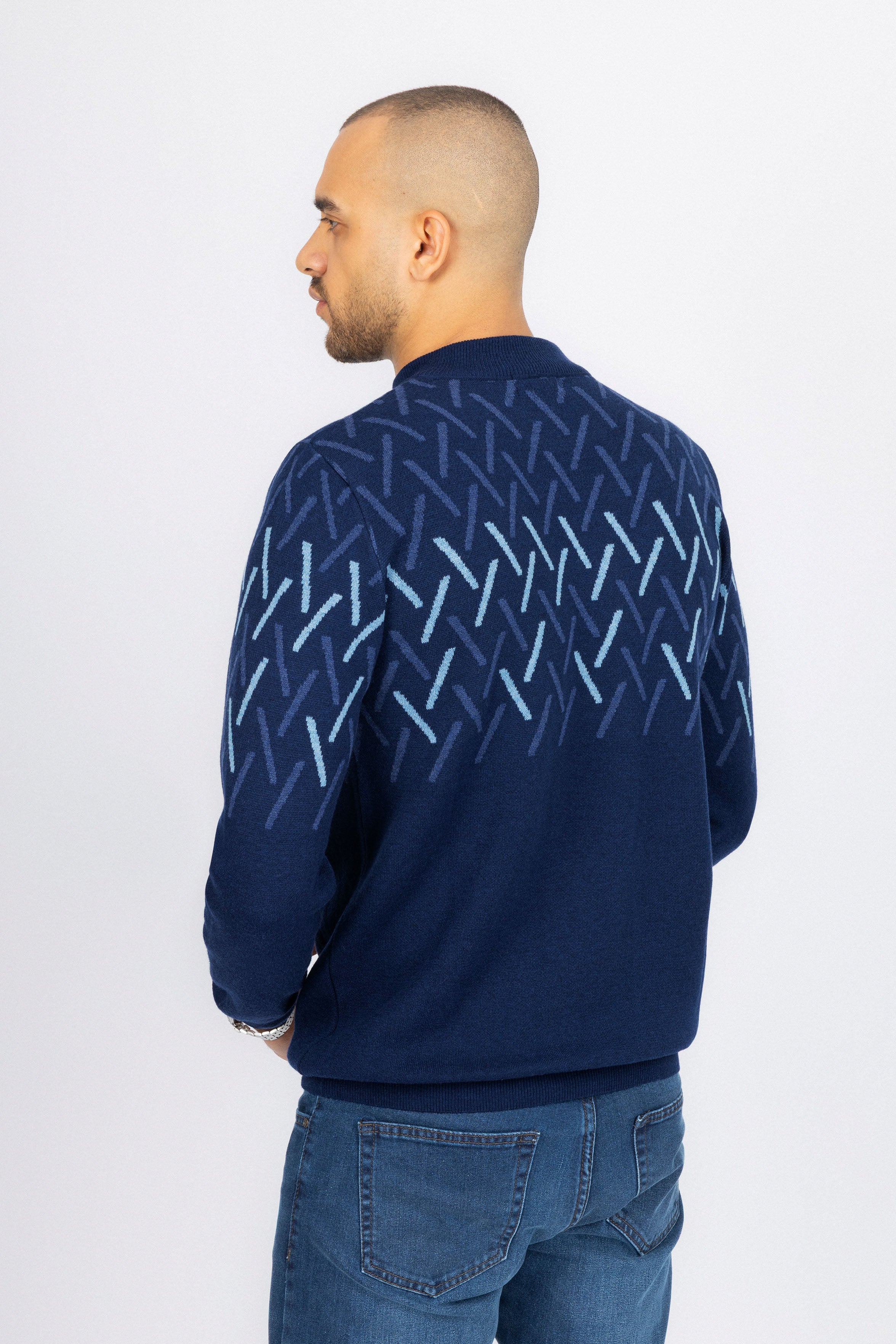 Navy patterned Moc-Neck Pullover