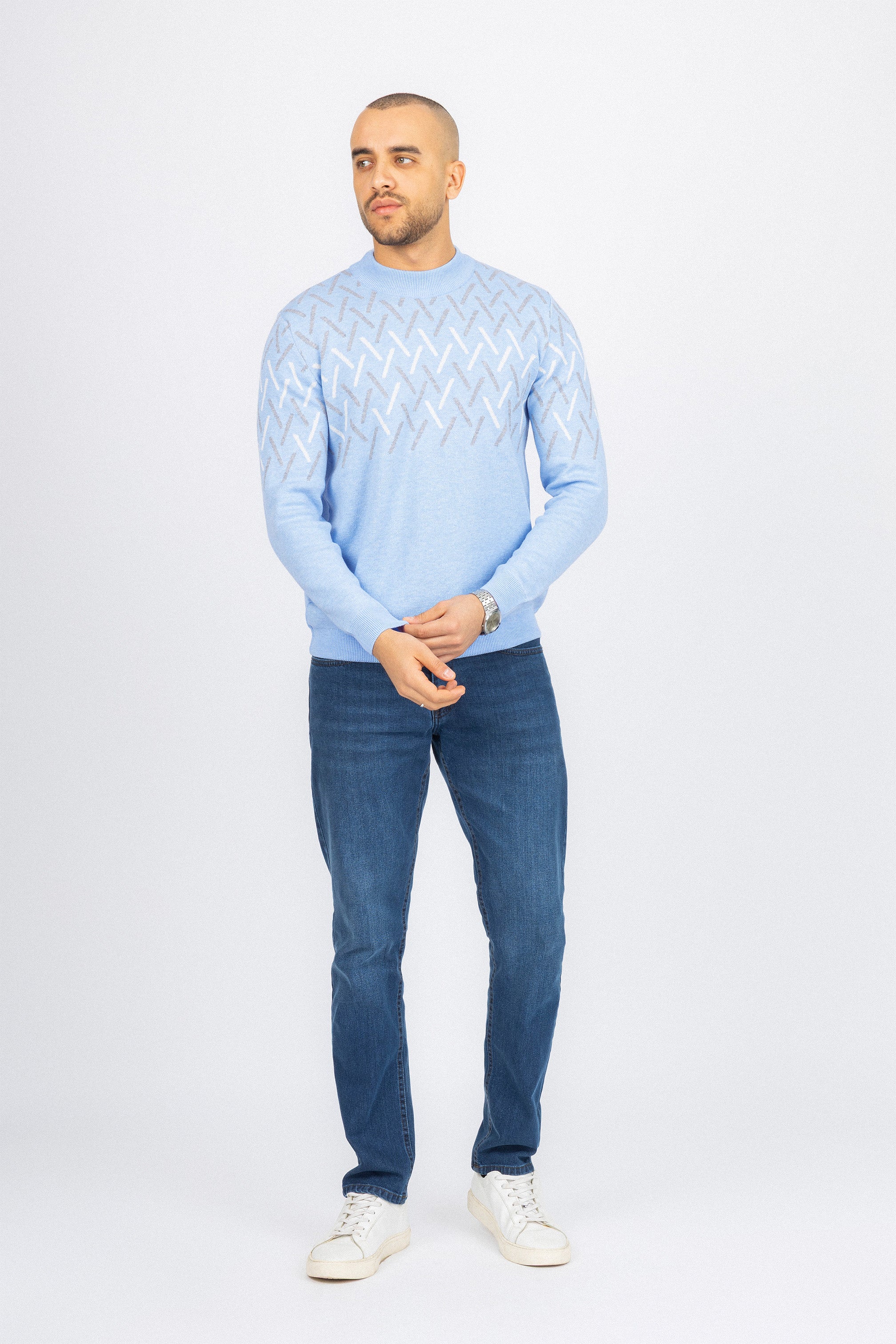 Light Blue patterned Moc-Neck Pullover