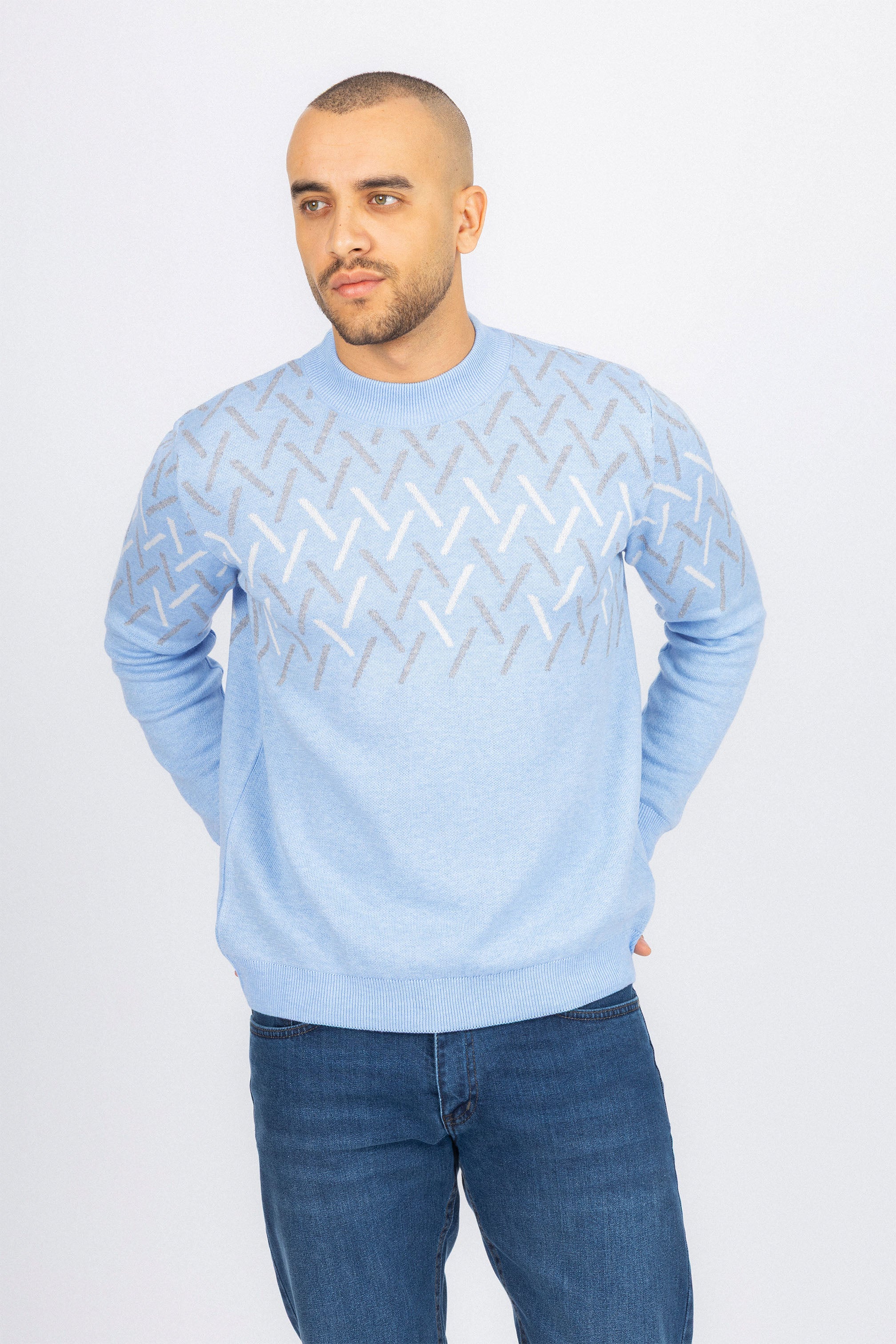Light Blue patterned Moc-Neck Pullover