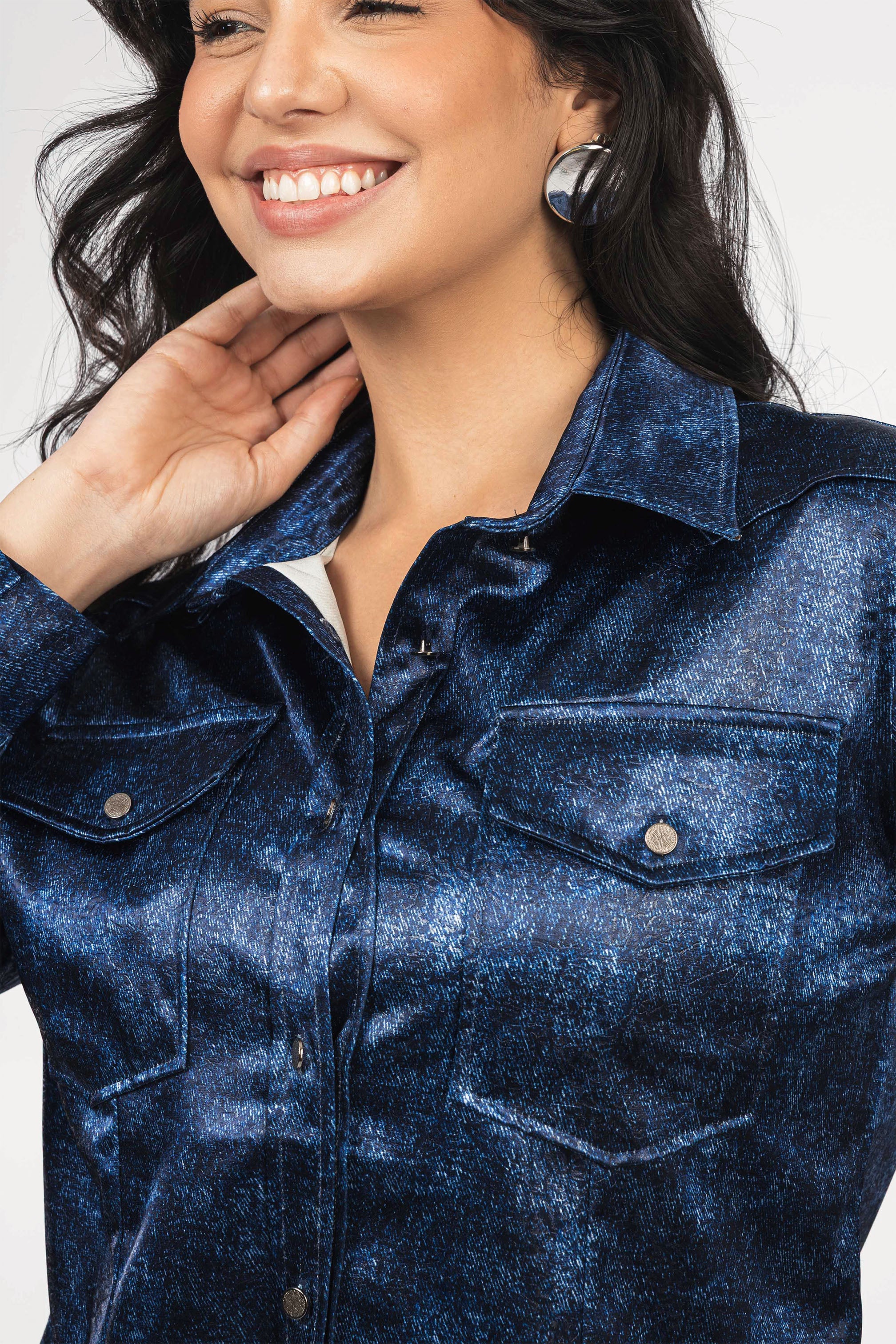 Navy Patterned Sheen Chiffon Classic Shirt