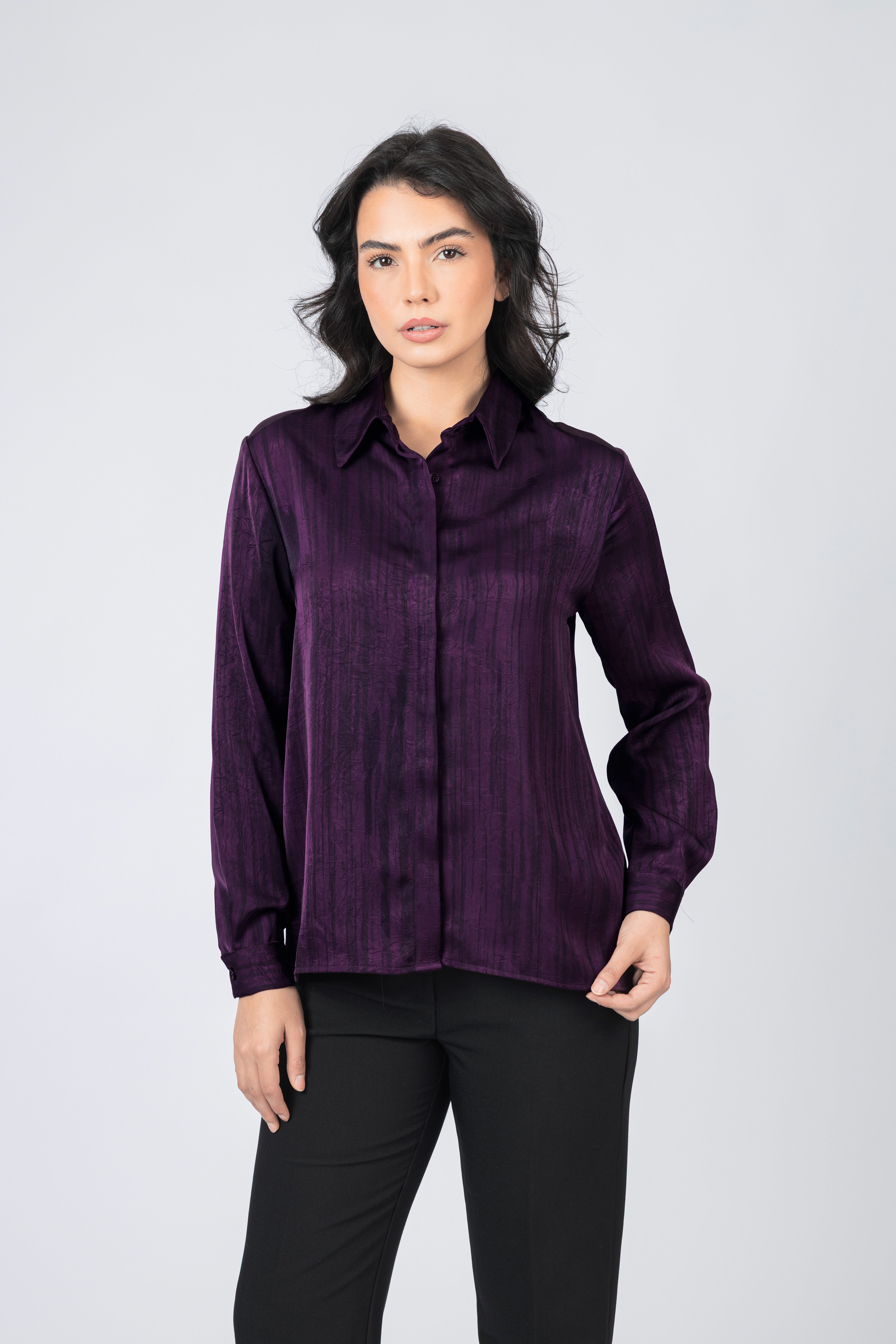 Dark Purple Printed Sheen Chiffon Classic Shirt