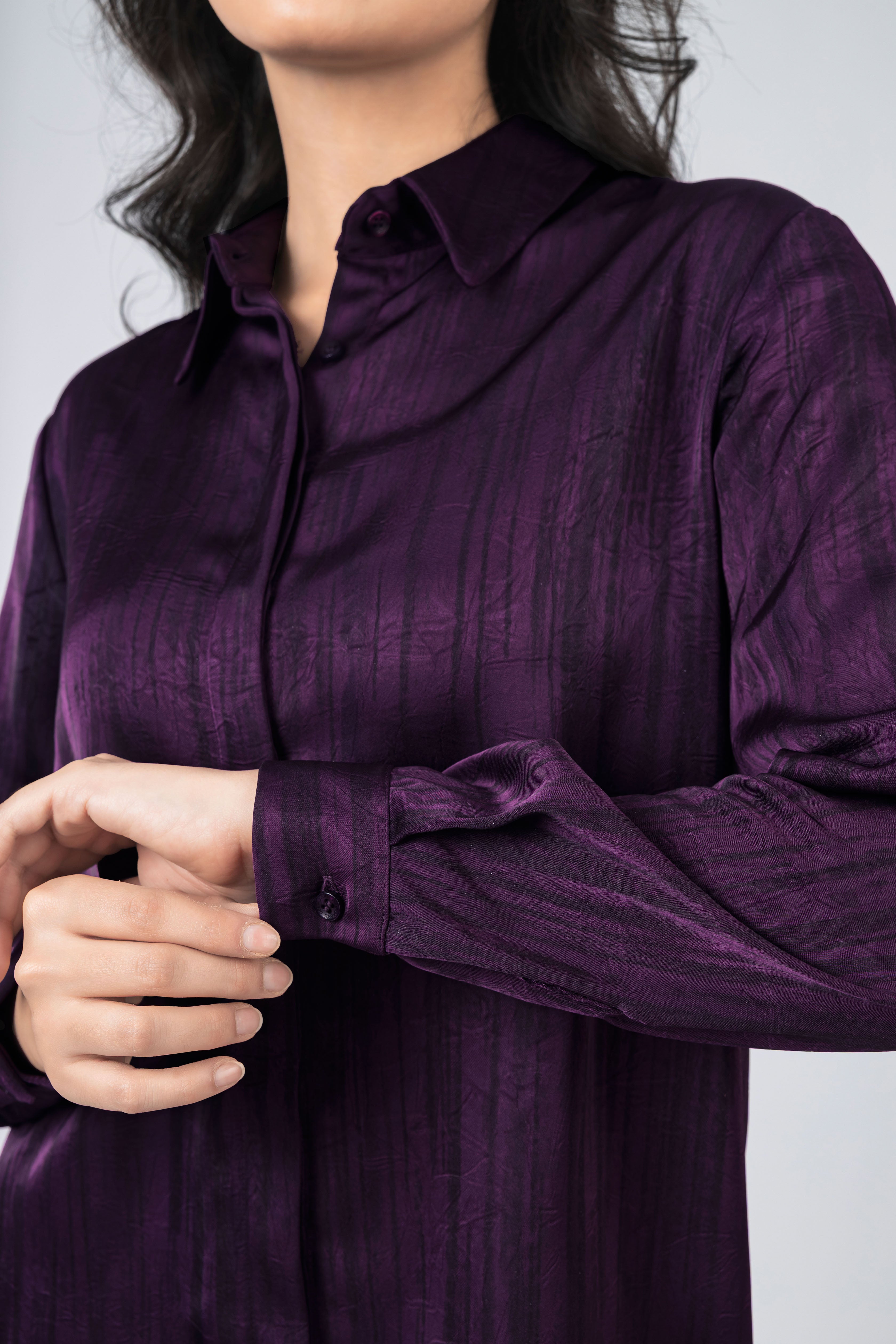 Dark Purple Printed Sheen Chiffon Classic Shirt