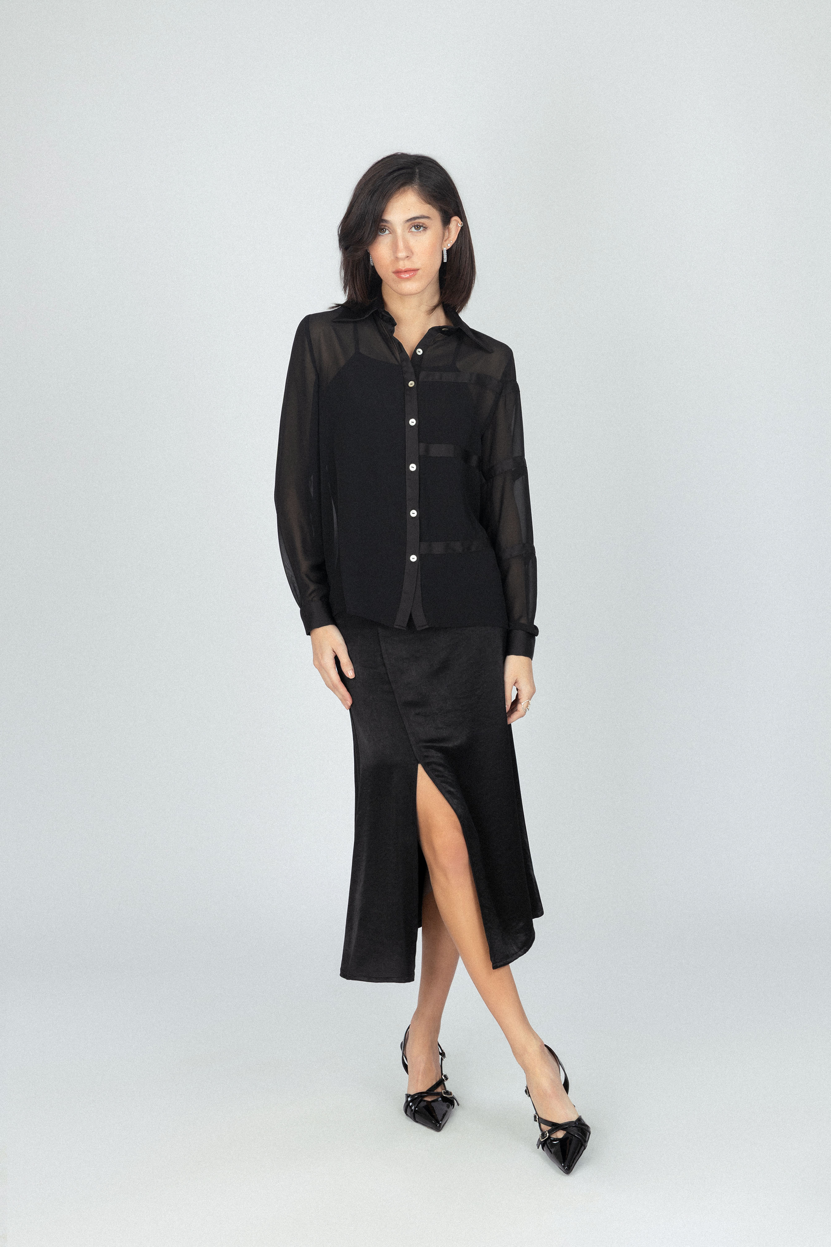Black Chiffon Classic Sheer Shirt