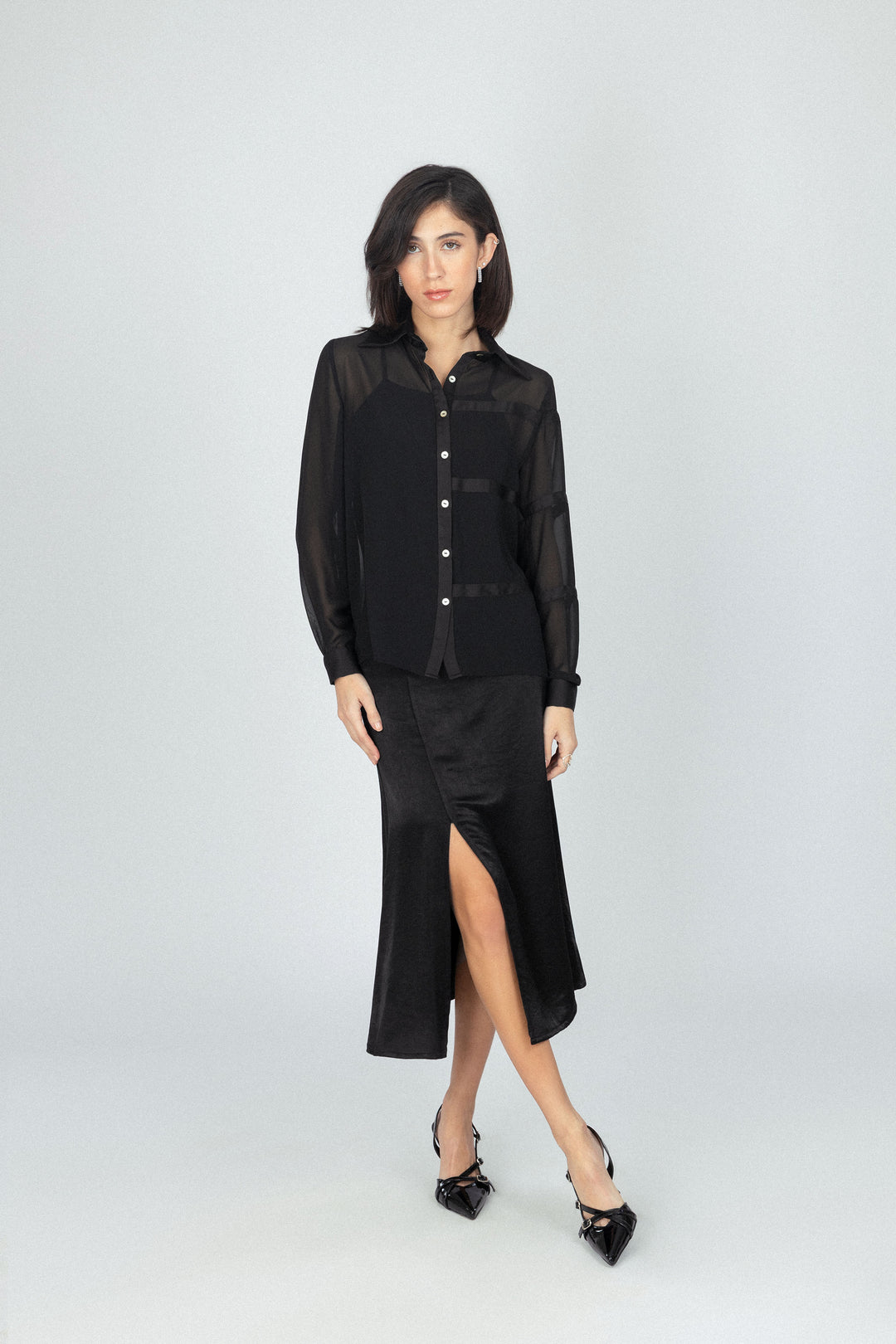 Black Chiffon Classic Sheer Shirt