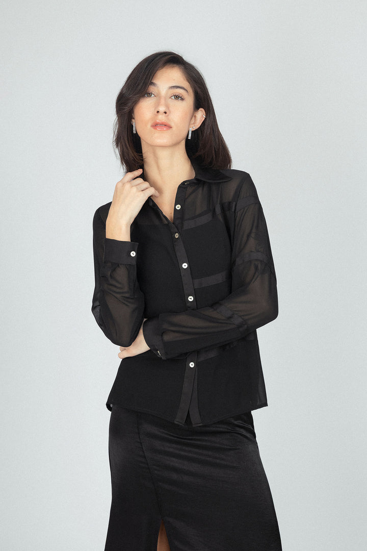 Black Chiffon Classic Sheer Shirt
